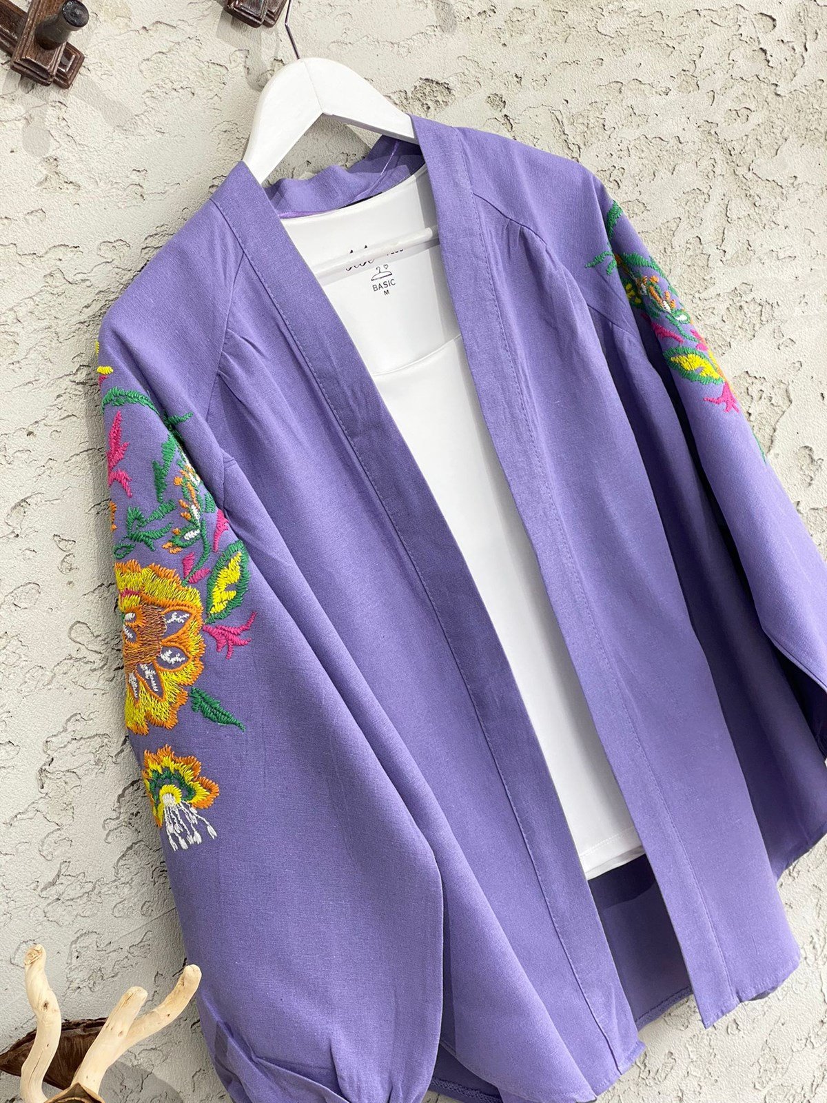 Çiçek İşlemeli Keten Kimono (Mor)