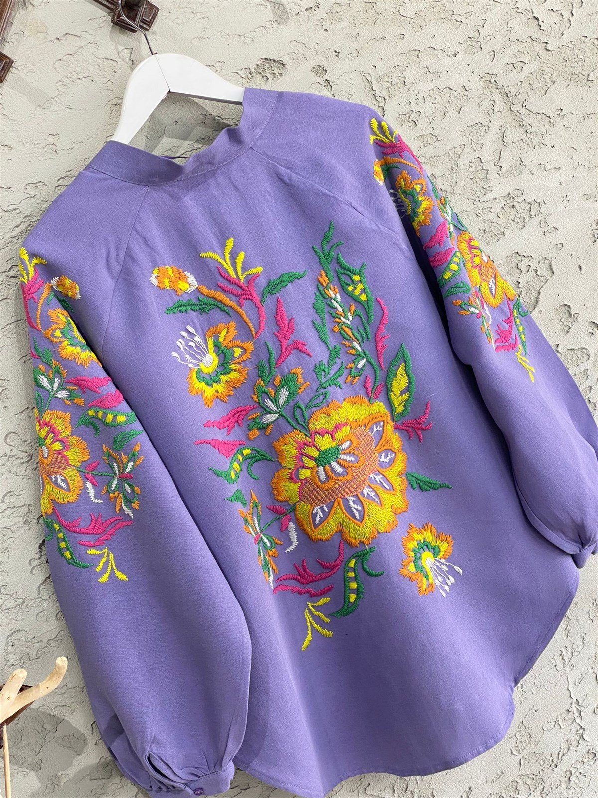 Çiçek İşlemeli Keten Kimono (Mor)