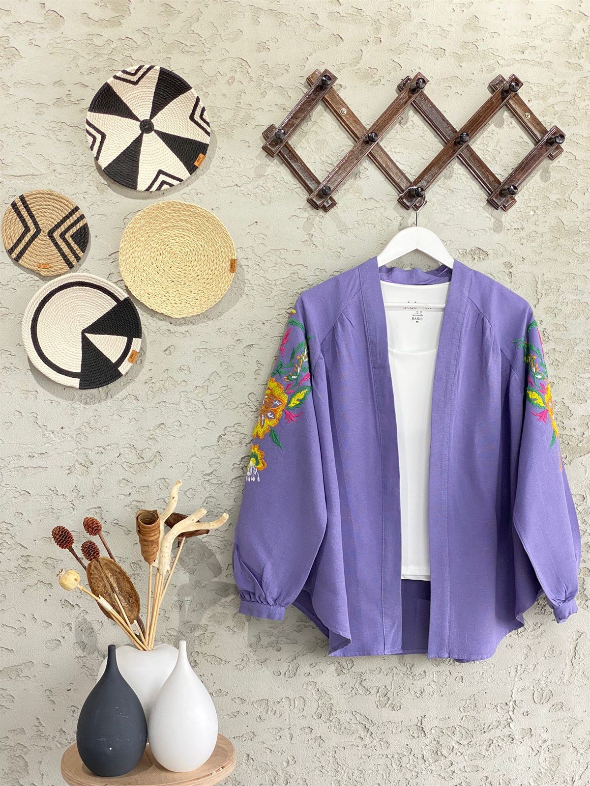 Çiçek İşlemeli Keten Kimono (Mor)