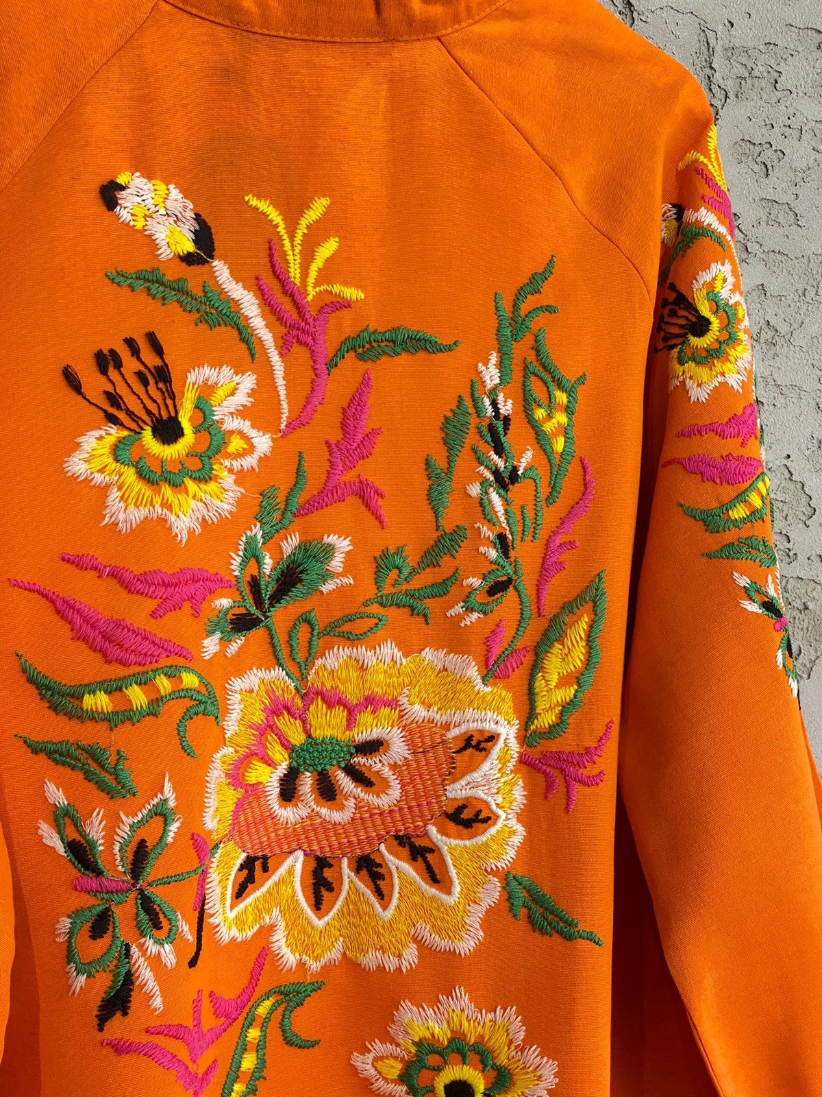 Çiçek İşlemeli Keten Kimono (Oranj)
