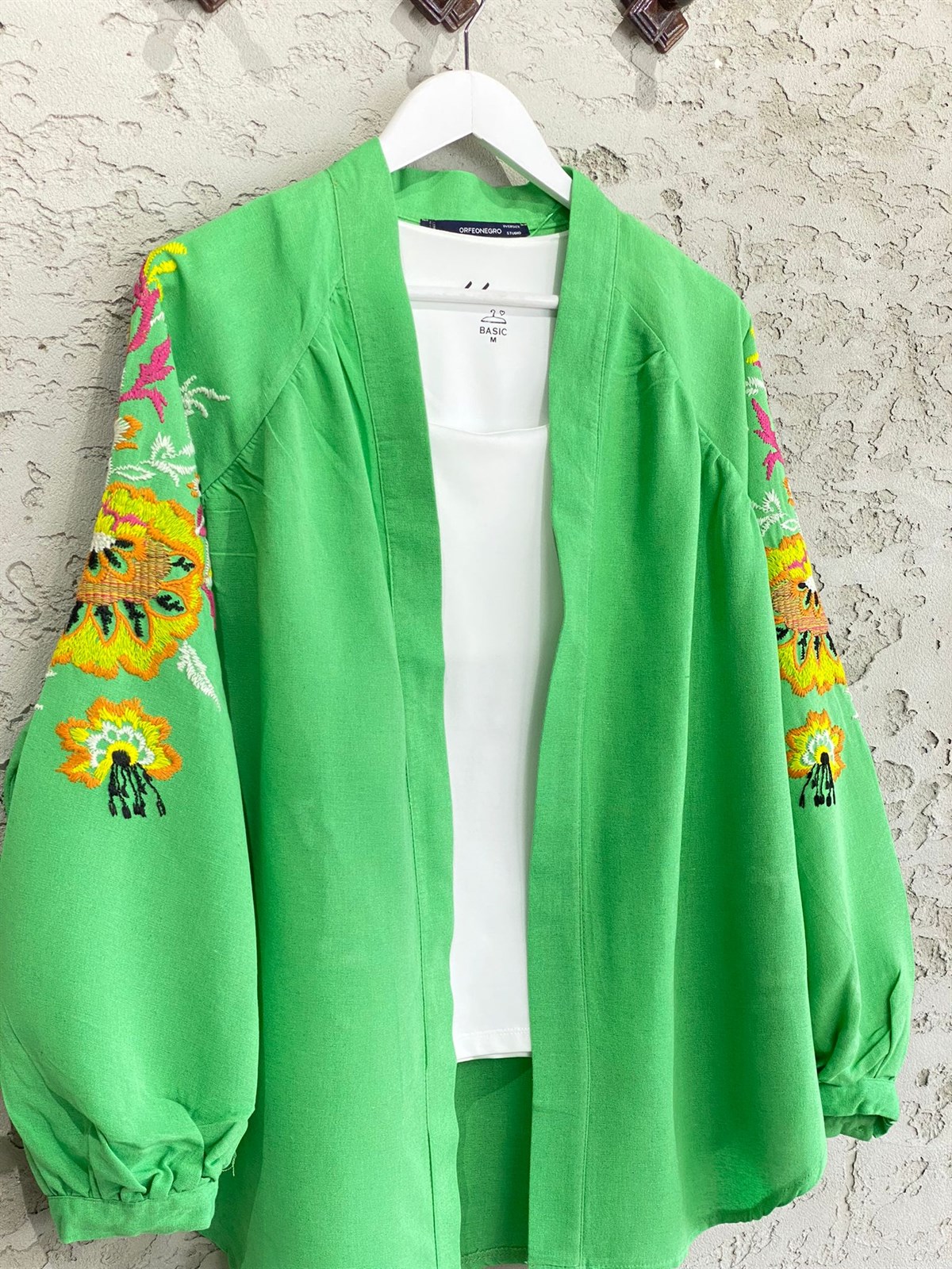 Çiçek İşlemeli Keten Kimono (Yeşil)