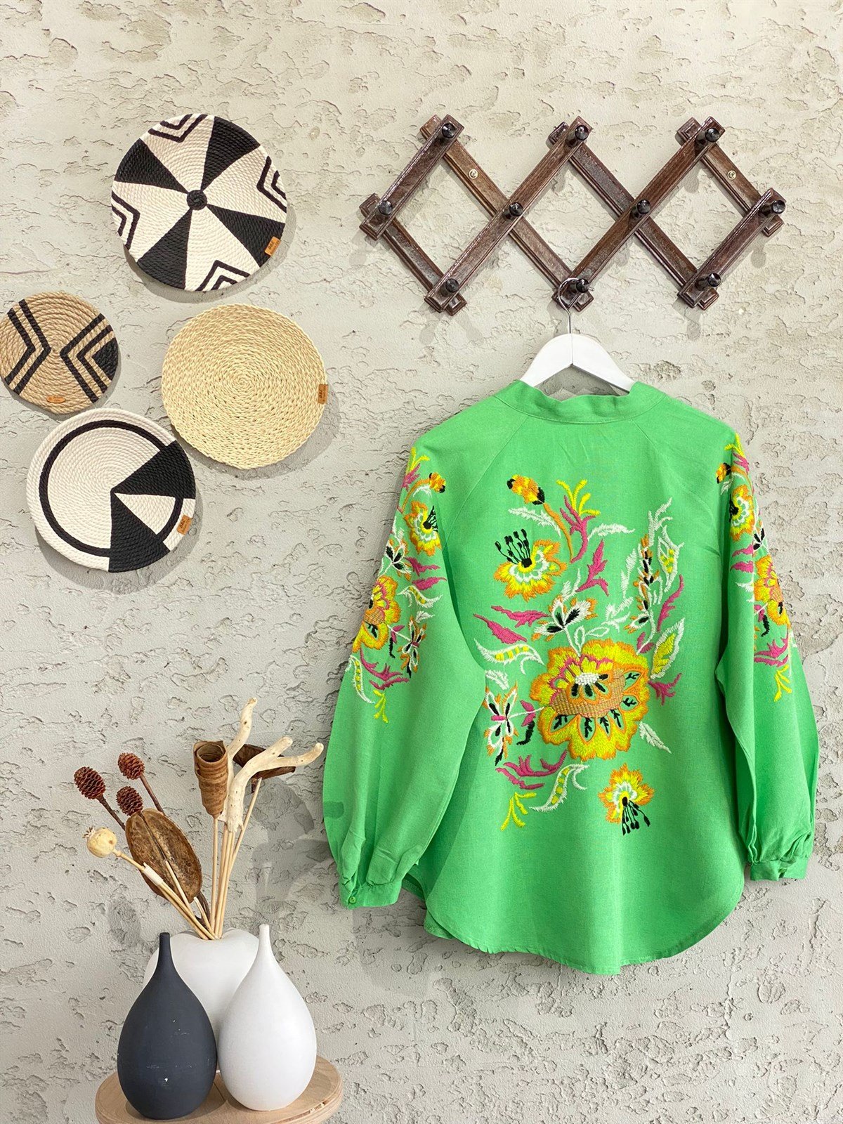 Çiçek İşlemeli Keten Kimono (Yeşil)