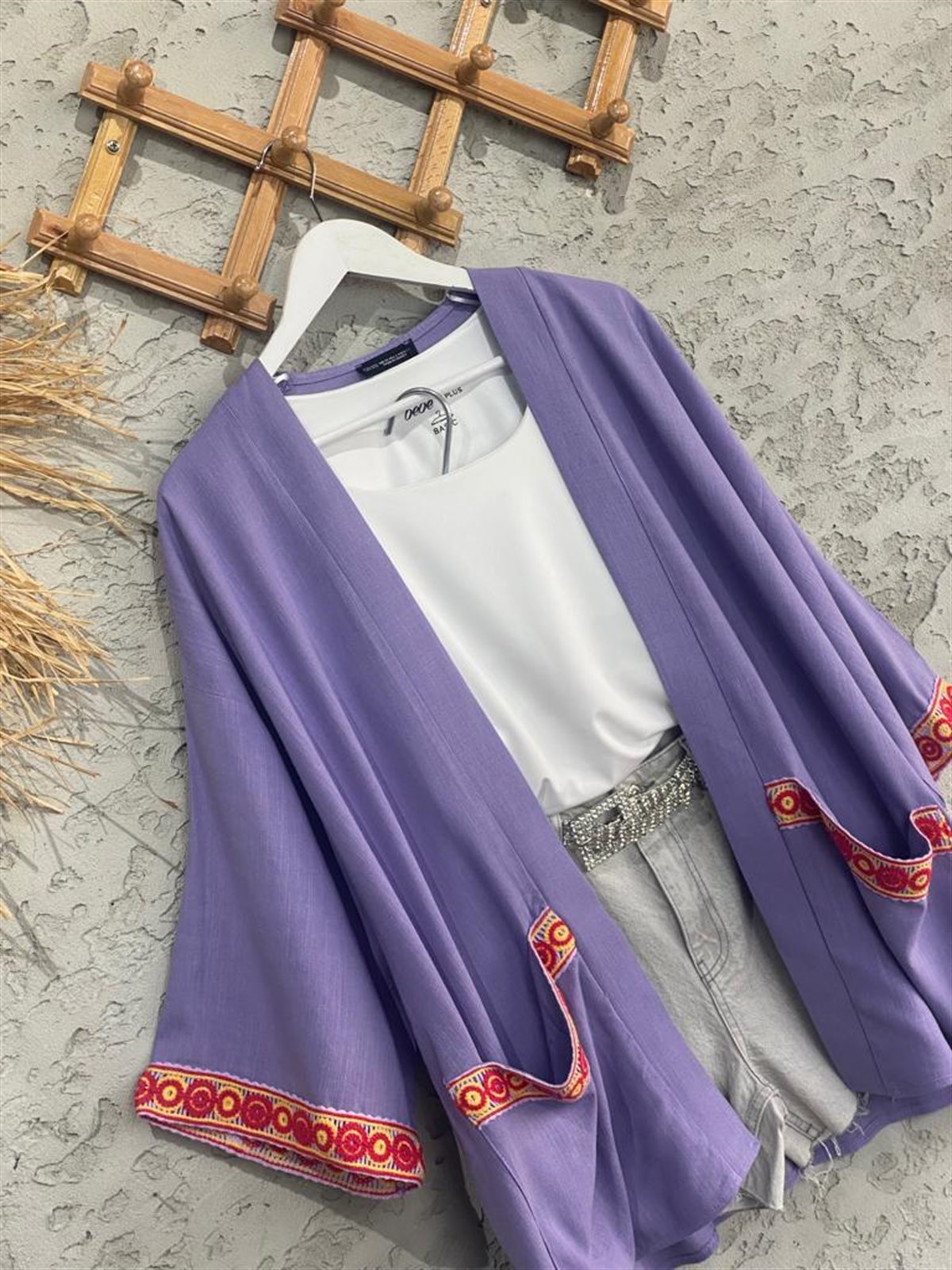 Çift Cepli Kolları Nakışlı Kimono (Mor)