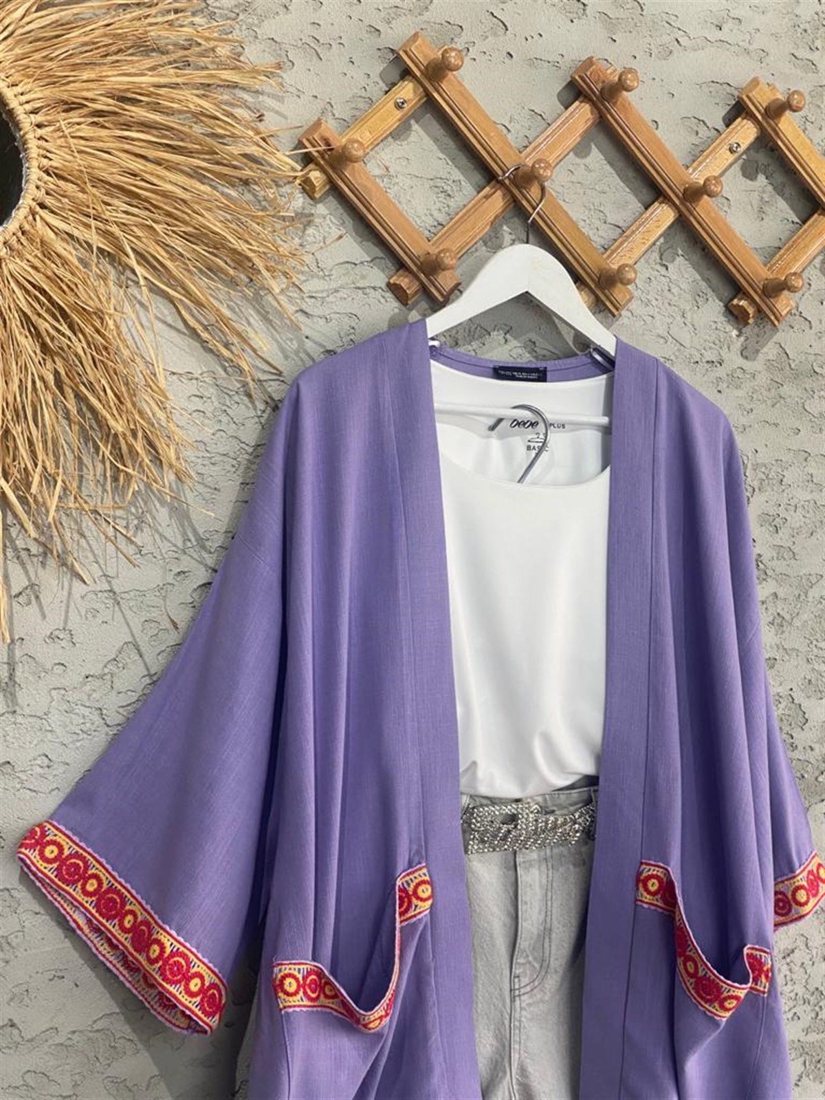 Çift Cepli Kolları Nakışlı Kimono (Mor)