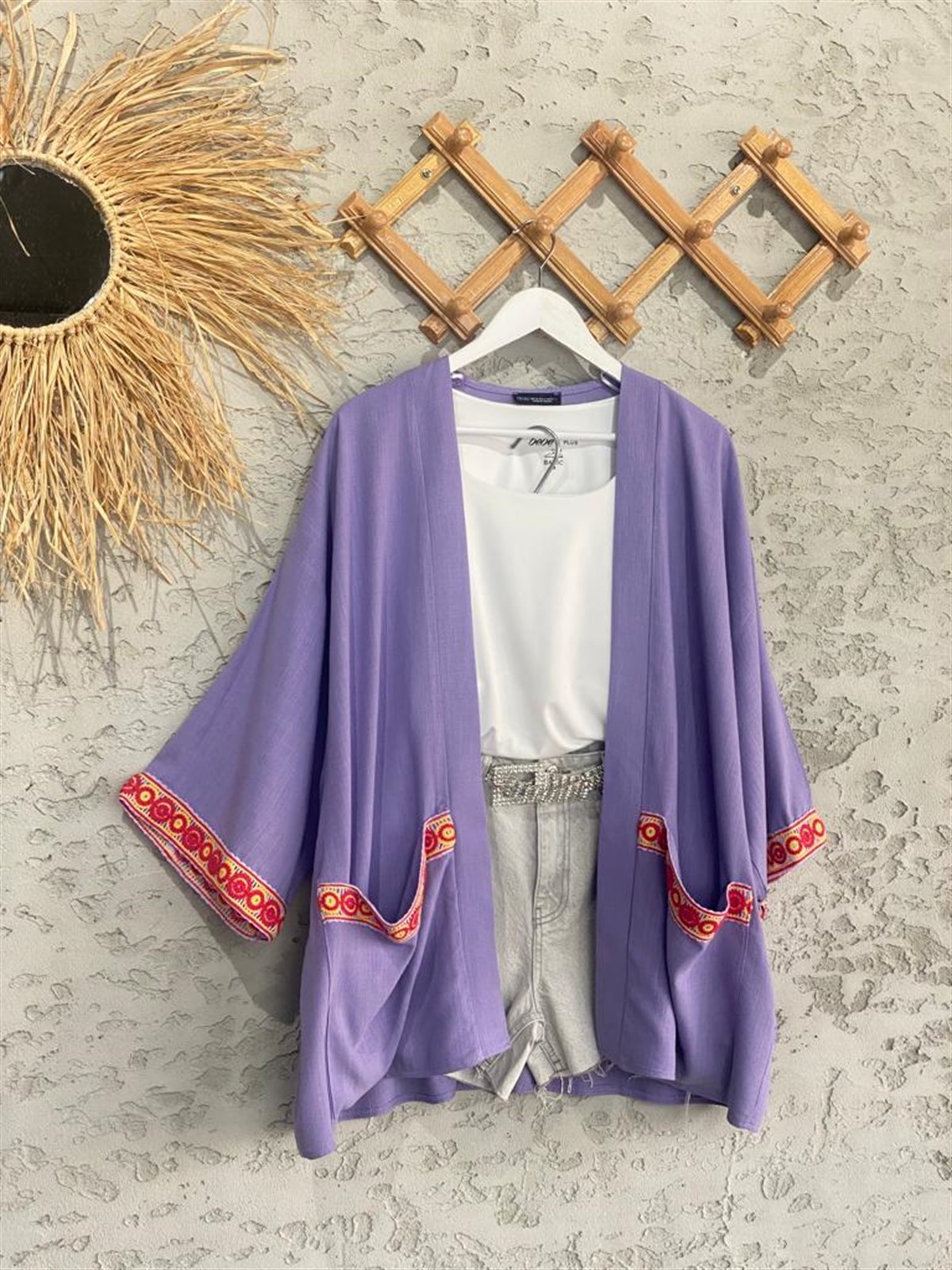 Çift Cepli Kolları Nakışlı Kimono (Mor)