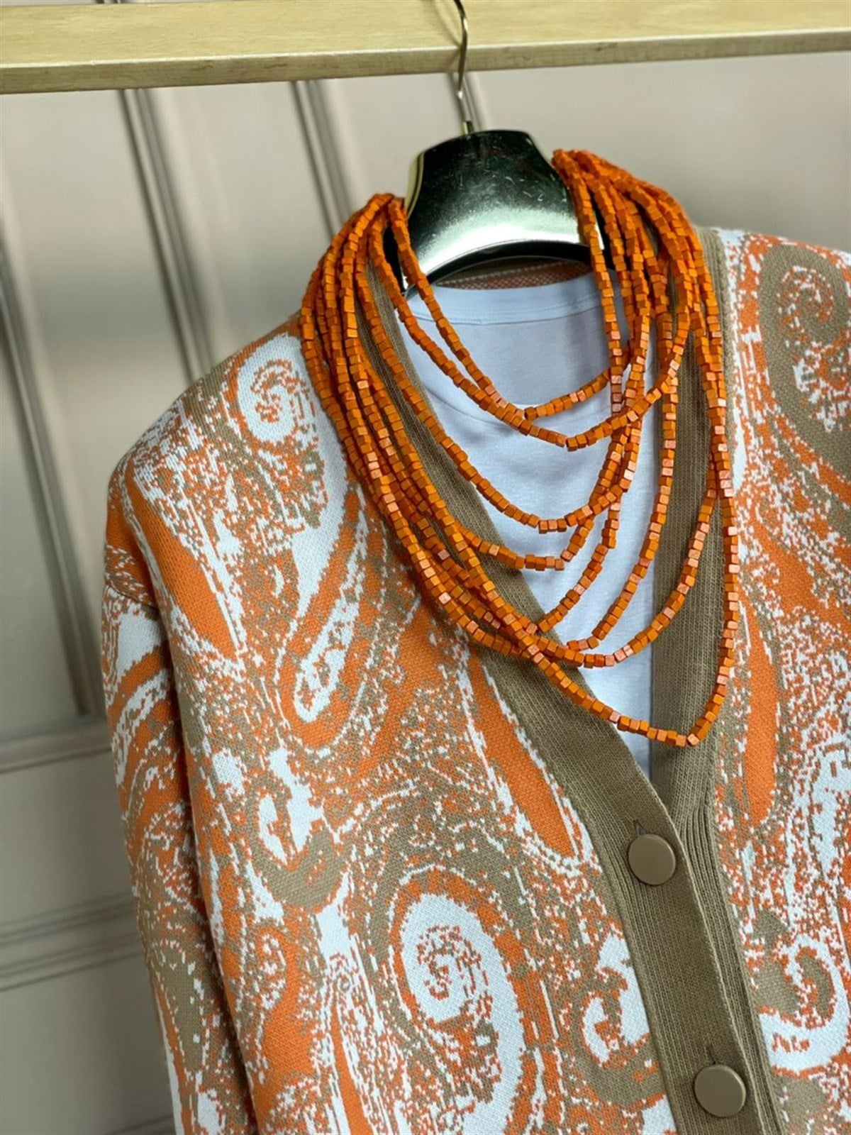 Çift Renk Desenli Oversize Hırka (Camel)