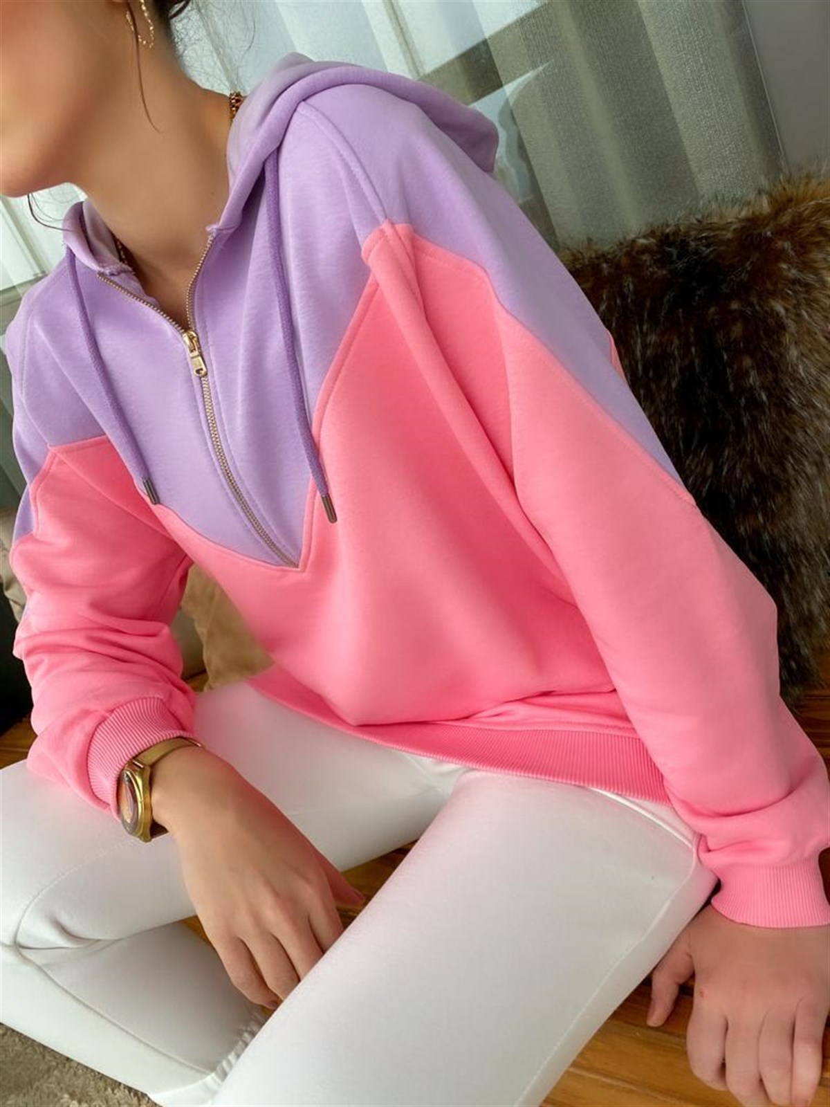 Çift Renkli Fermuar Detaylı Sweatshirt