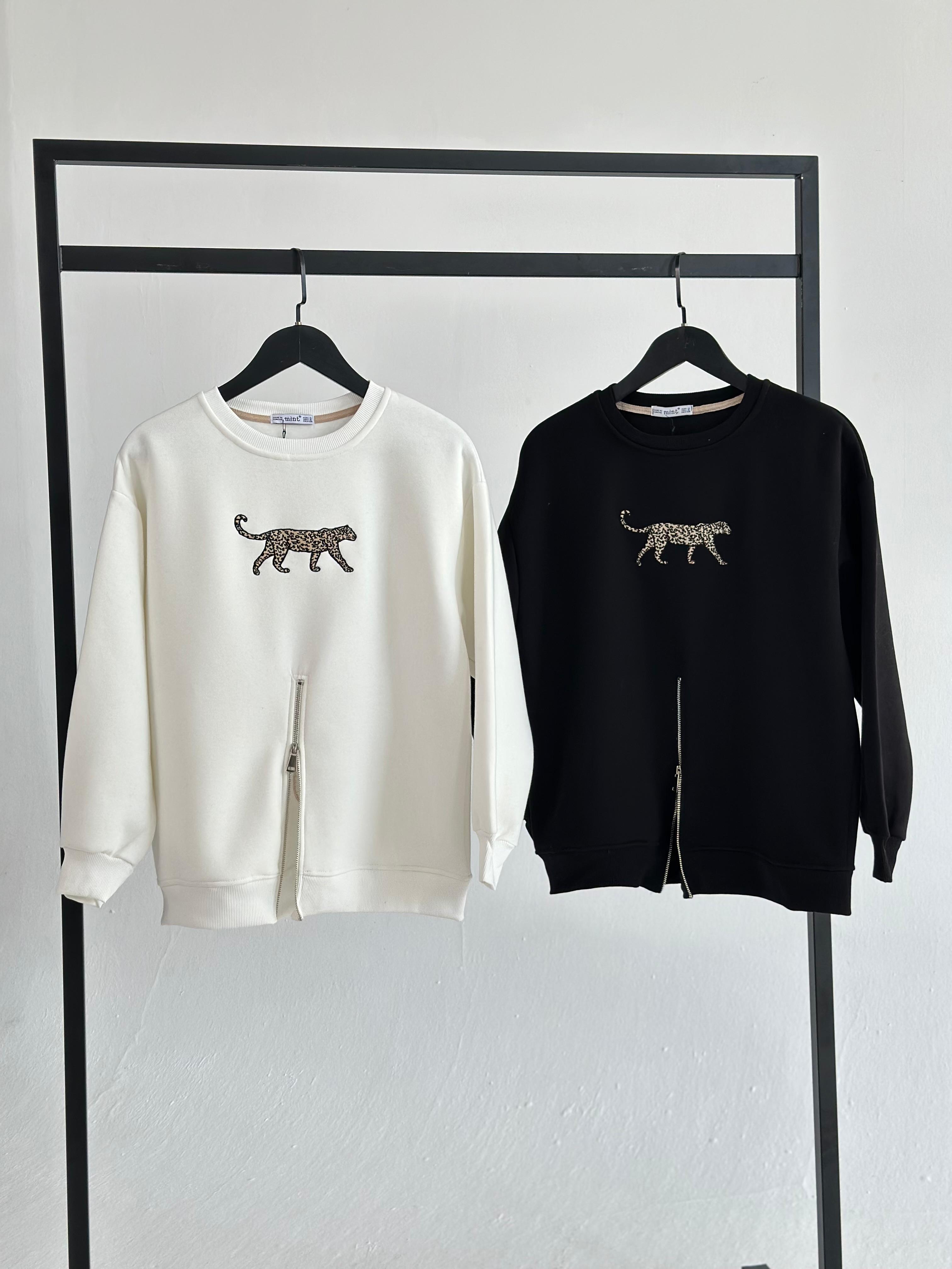 Çita Nakış İşlemeli Fermuar Detaylı Sweat (Siyah)