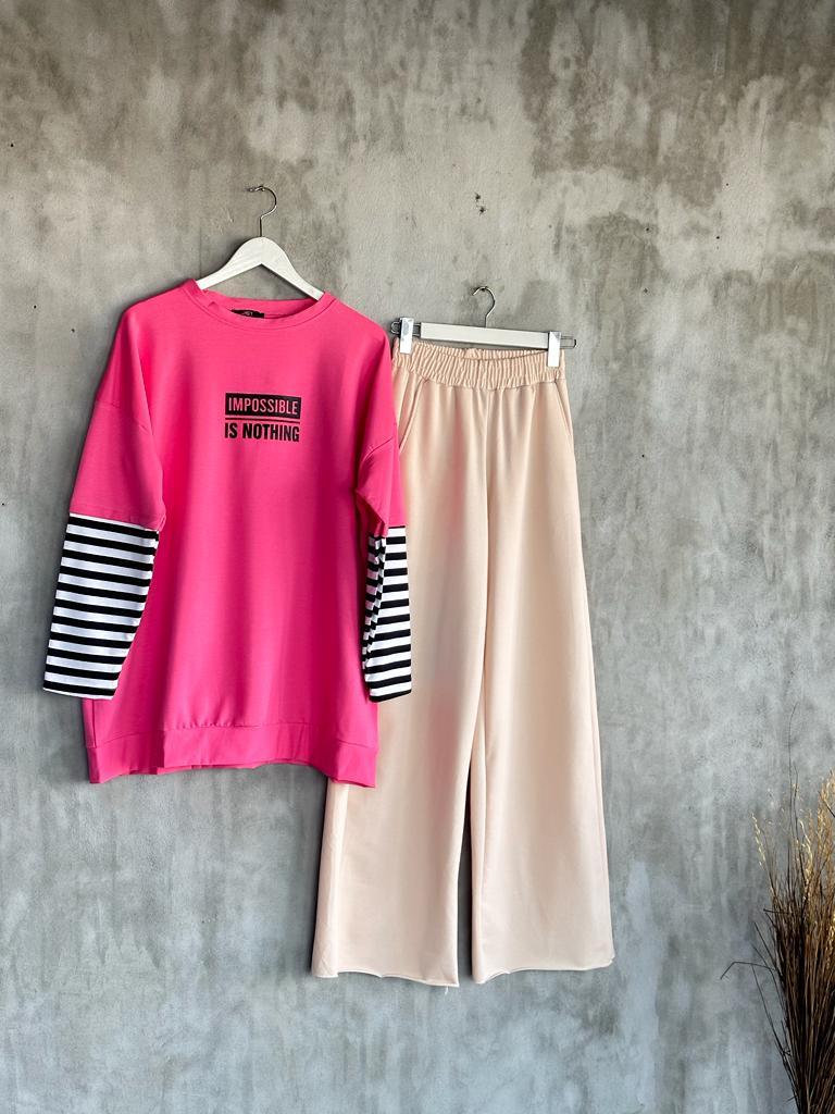 Çizgi Kollu Oversize Tunik (Pembe)