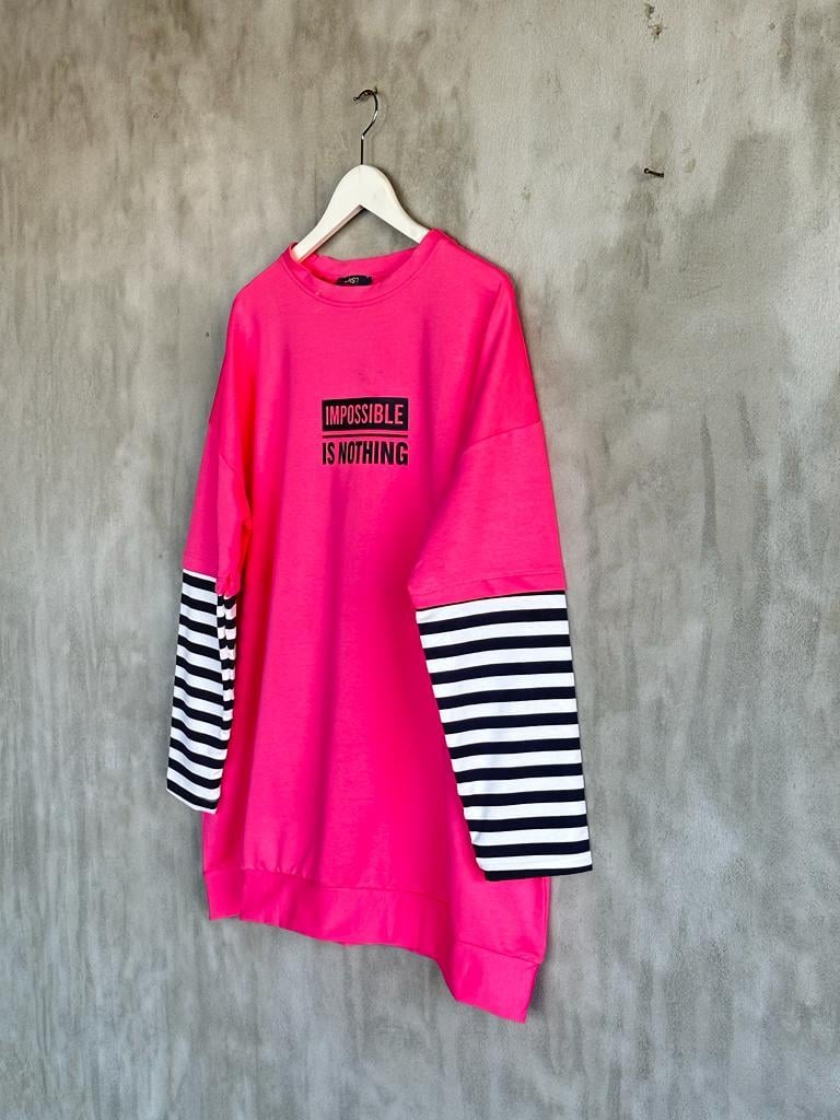 Çizgi Kollu Oversize Tunik (Pembe)