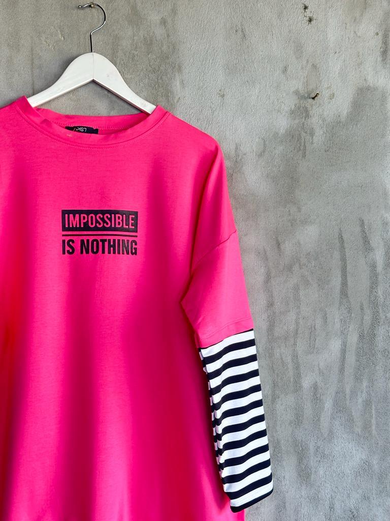 Çizgi Kollu Oversize Tunik (Pembe)