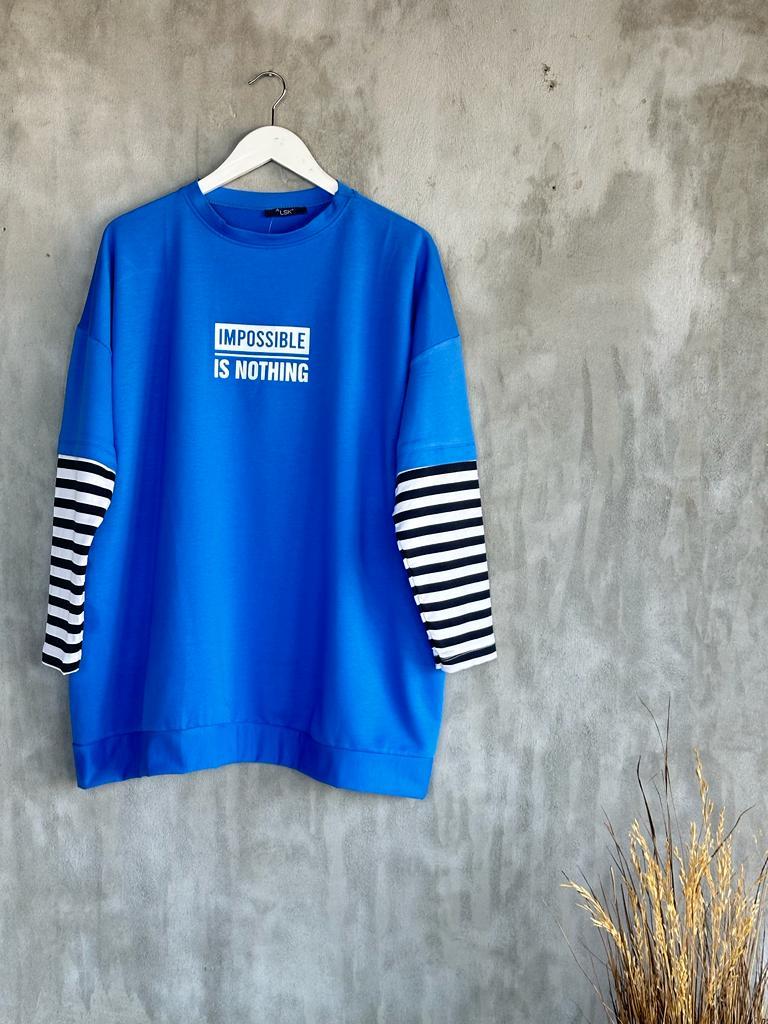 Çizgi Kollu Oversize Tunik (Saks)