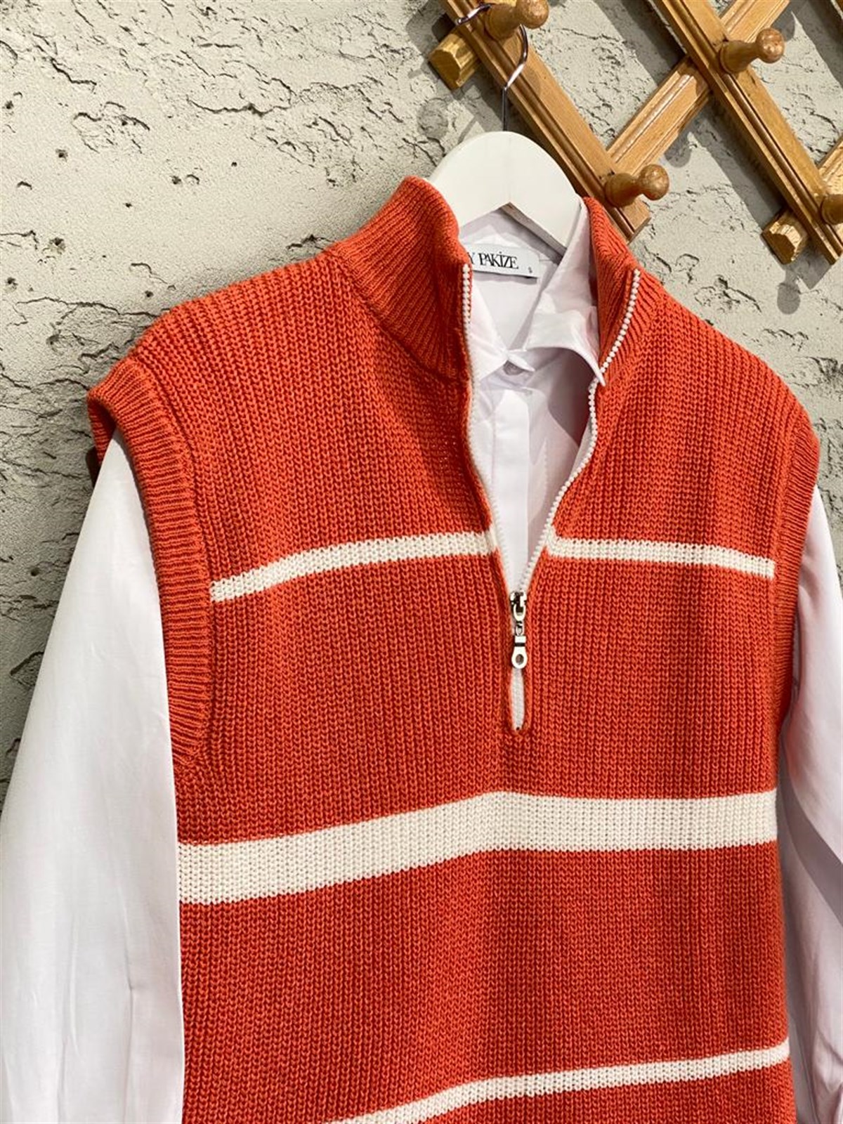 Çizgili Fermuarlı Süveter (Oranj)