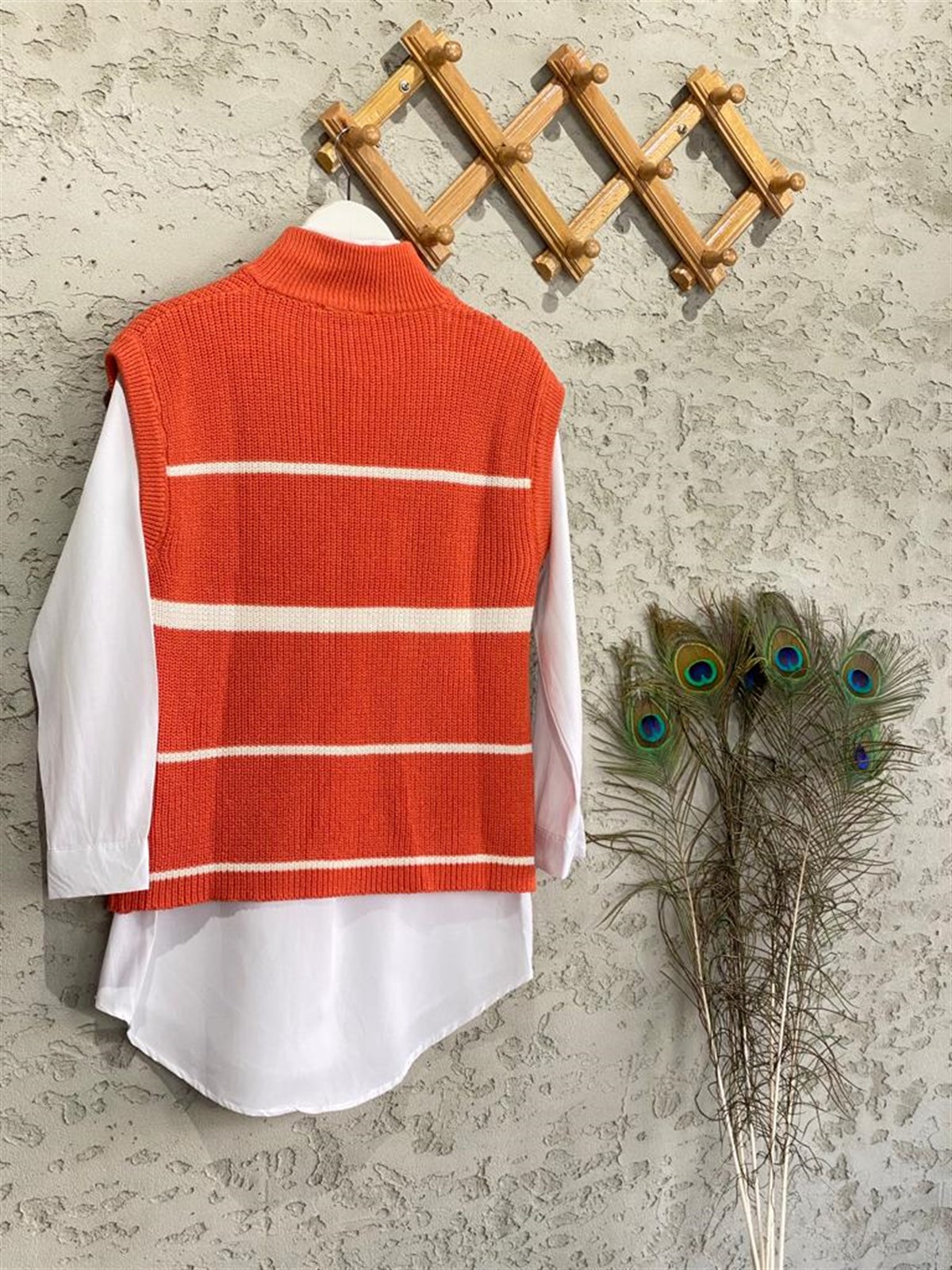 Çizgili Fermuarlı Süveter (Oranj)