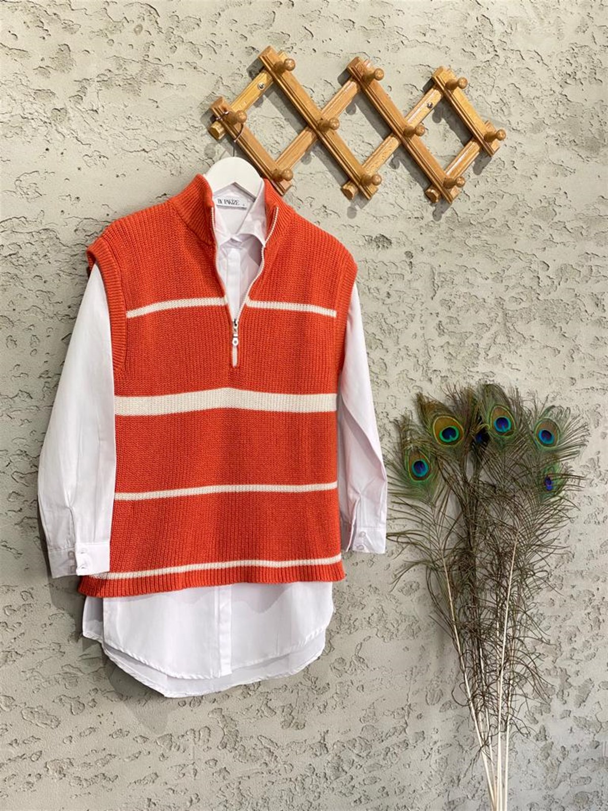 Çizgili Fermuarlı Süveter (Oranj)