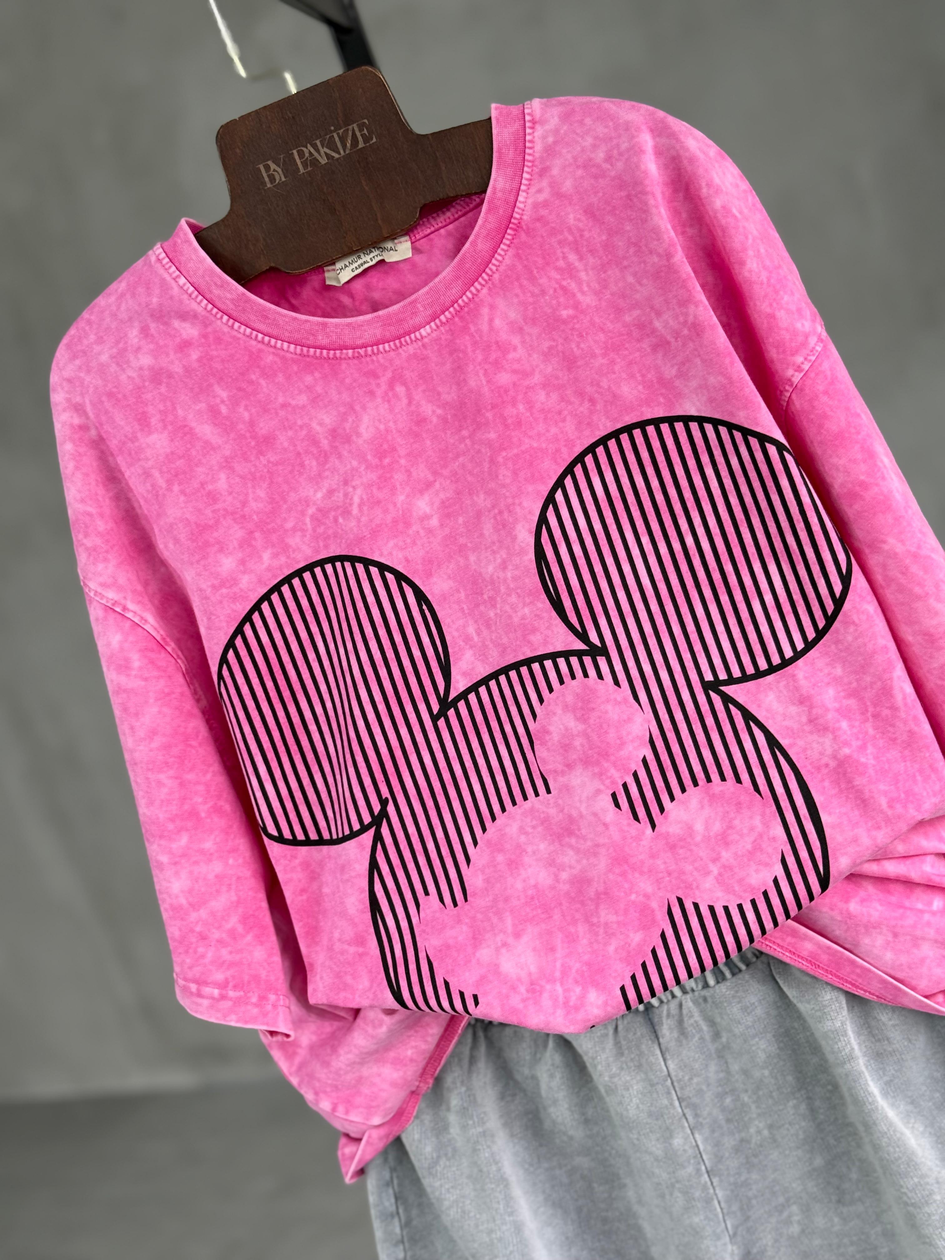 Çizgili Mickey Baskılı Taş Yıkama Oversize Dokuma Tişört (Pembe)