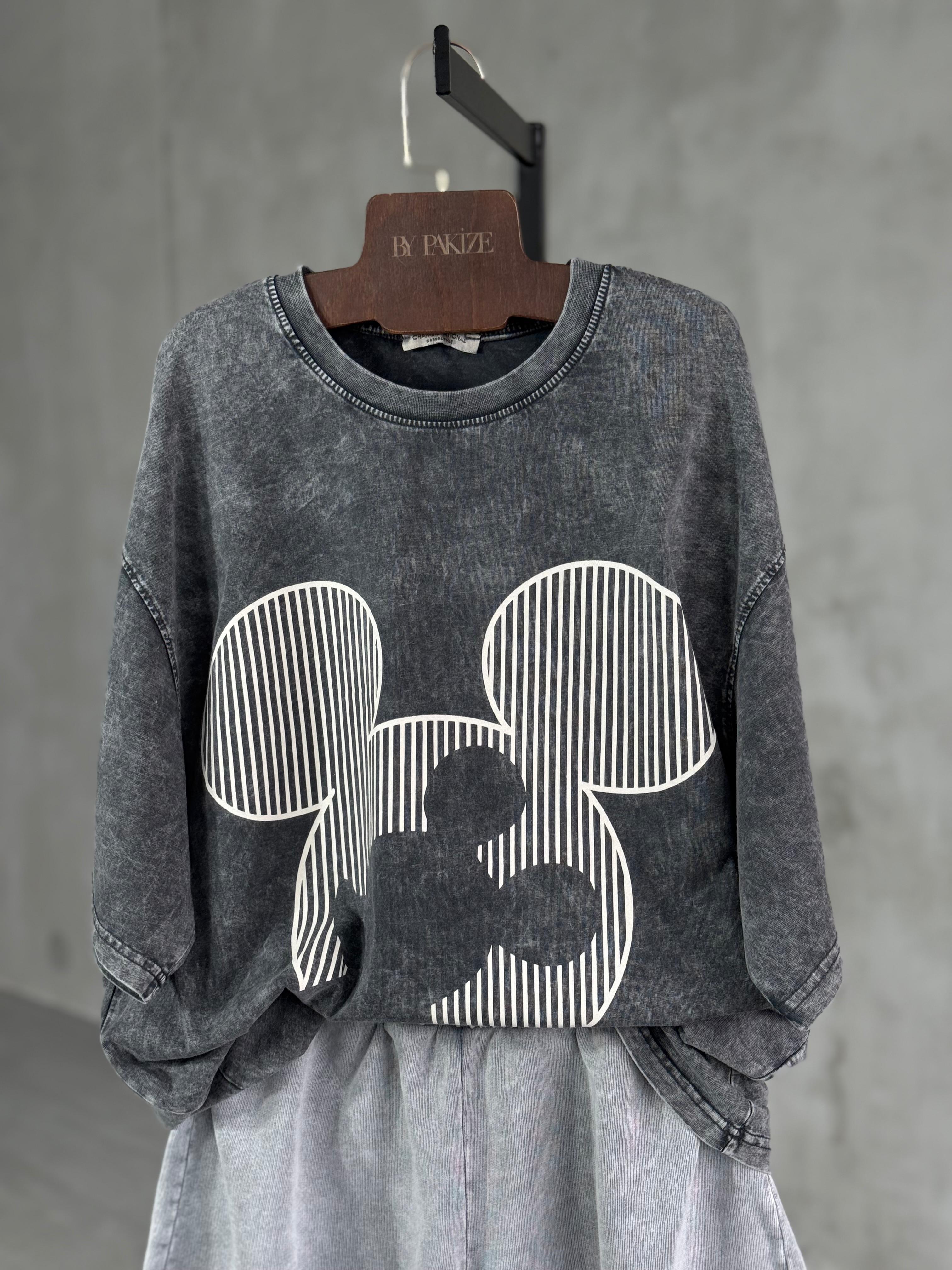 Çizgili Mickey Baskılı Taş Yıkama Oversize Dokuma Tişört (Gri)