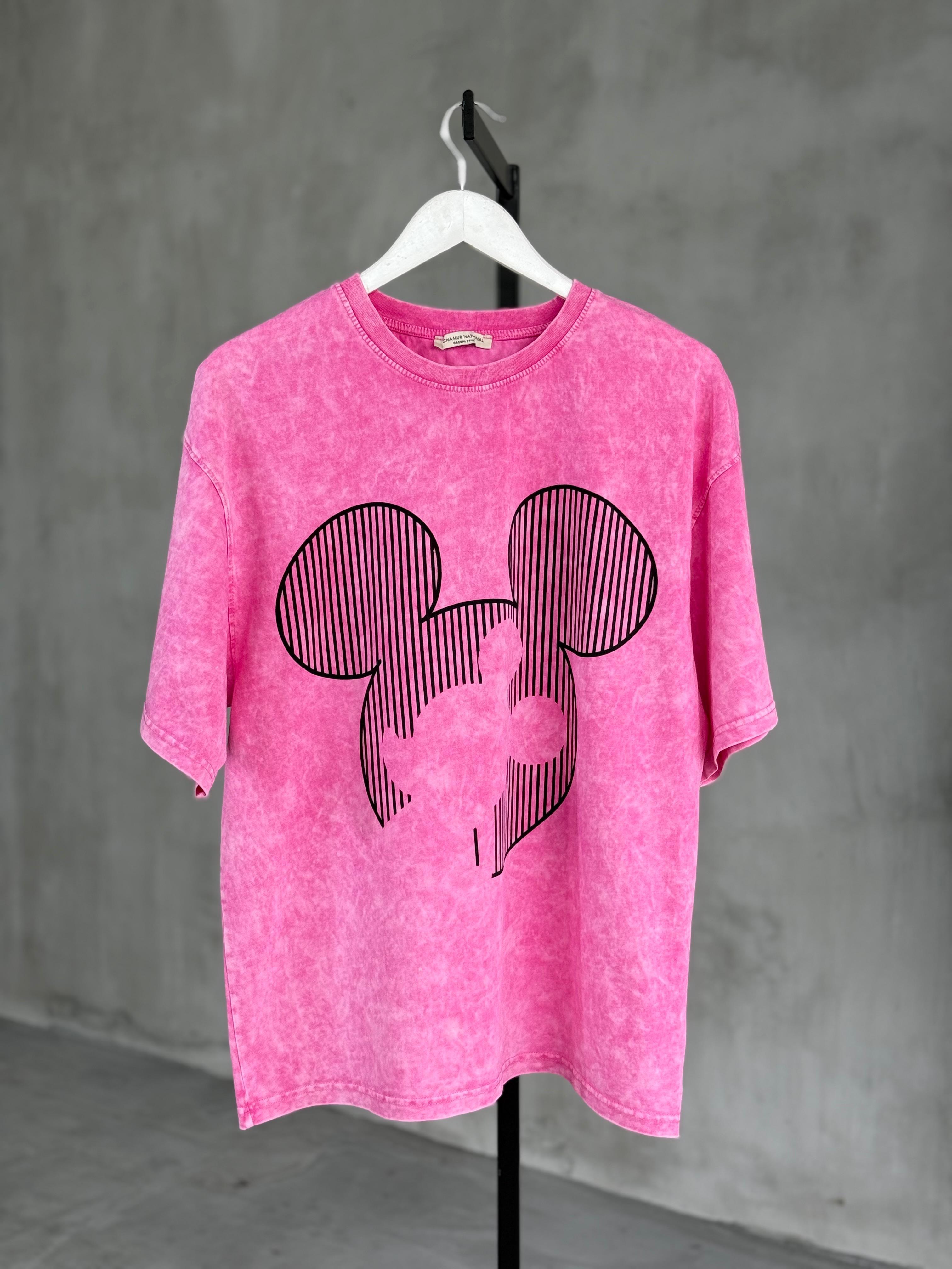 Çizgili Mickey Baskılı Taş Yıkama Oversize Dokuma Tişört (Pembe)