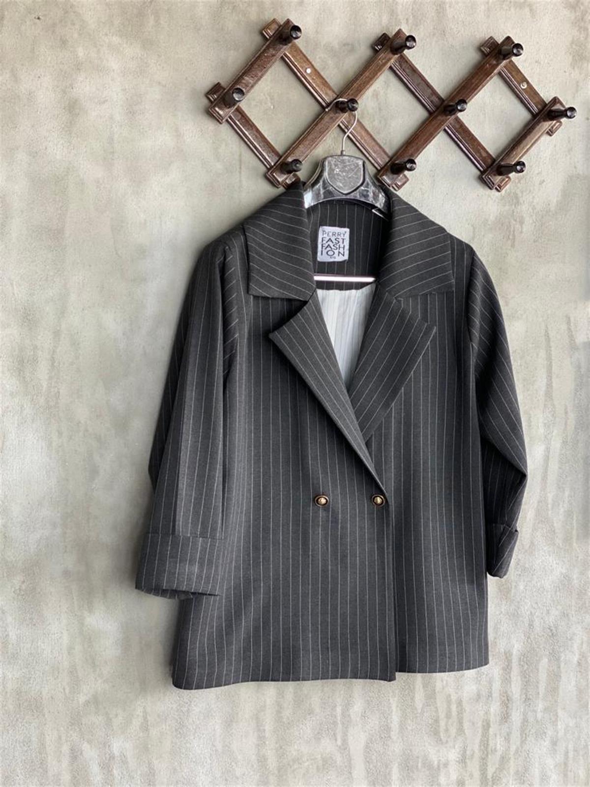 Çizgili Oversize Gold Düğmeli Ceket (Antrasit)