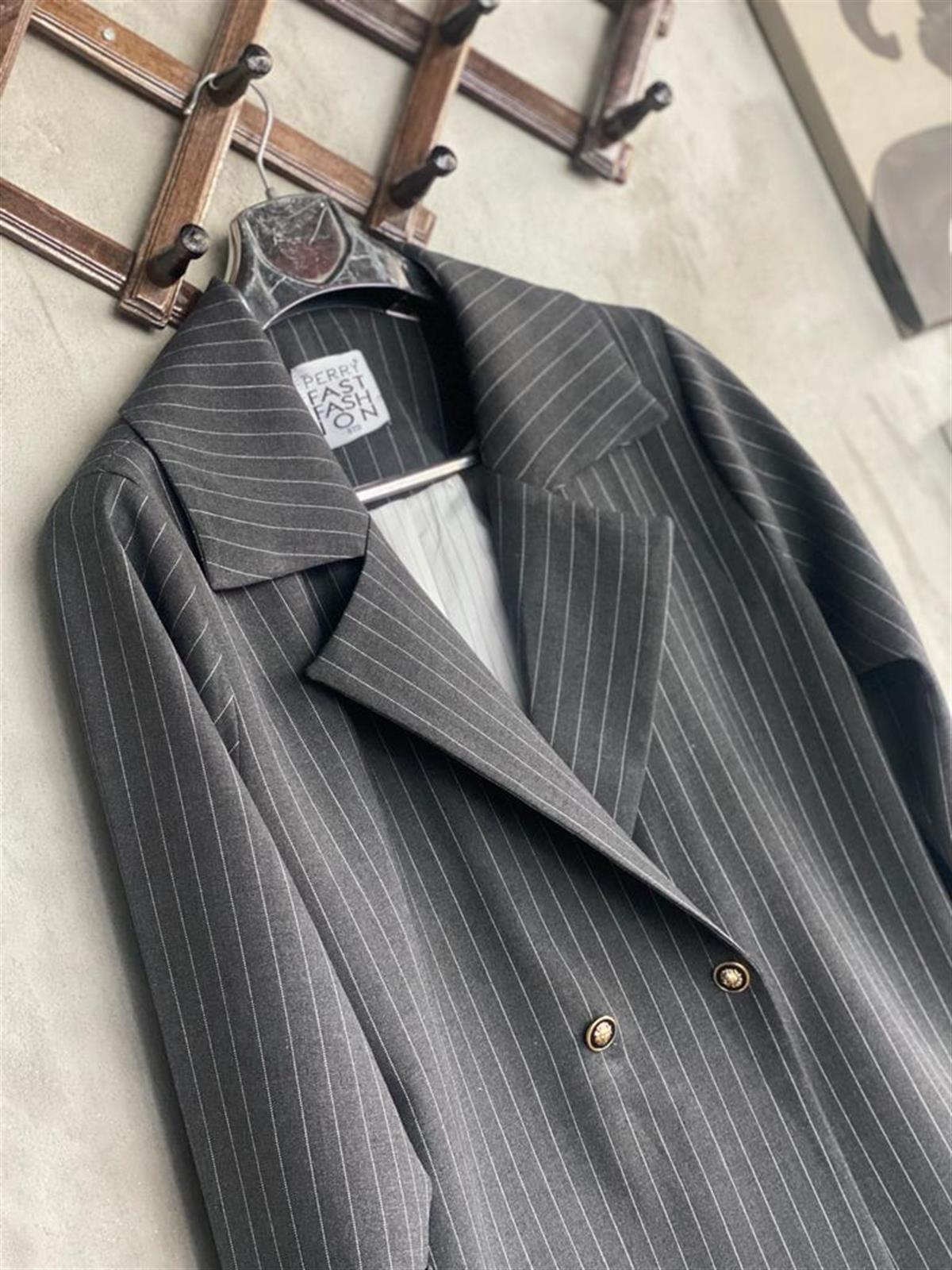 Çizgili Oversize Gold Düğmeli Ceket (Antrasit)