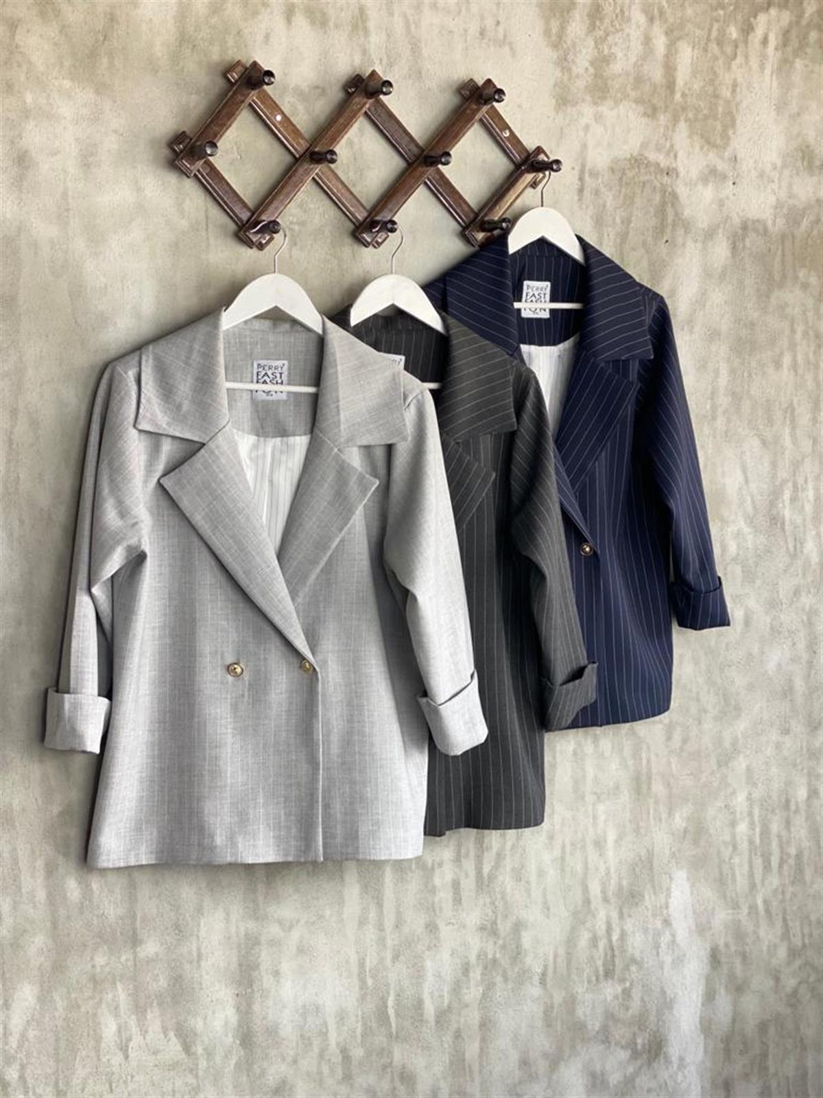 Çizgili Oversize Gold Düğmeli Ceket (Antrasit)