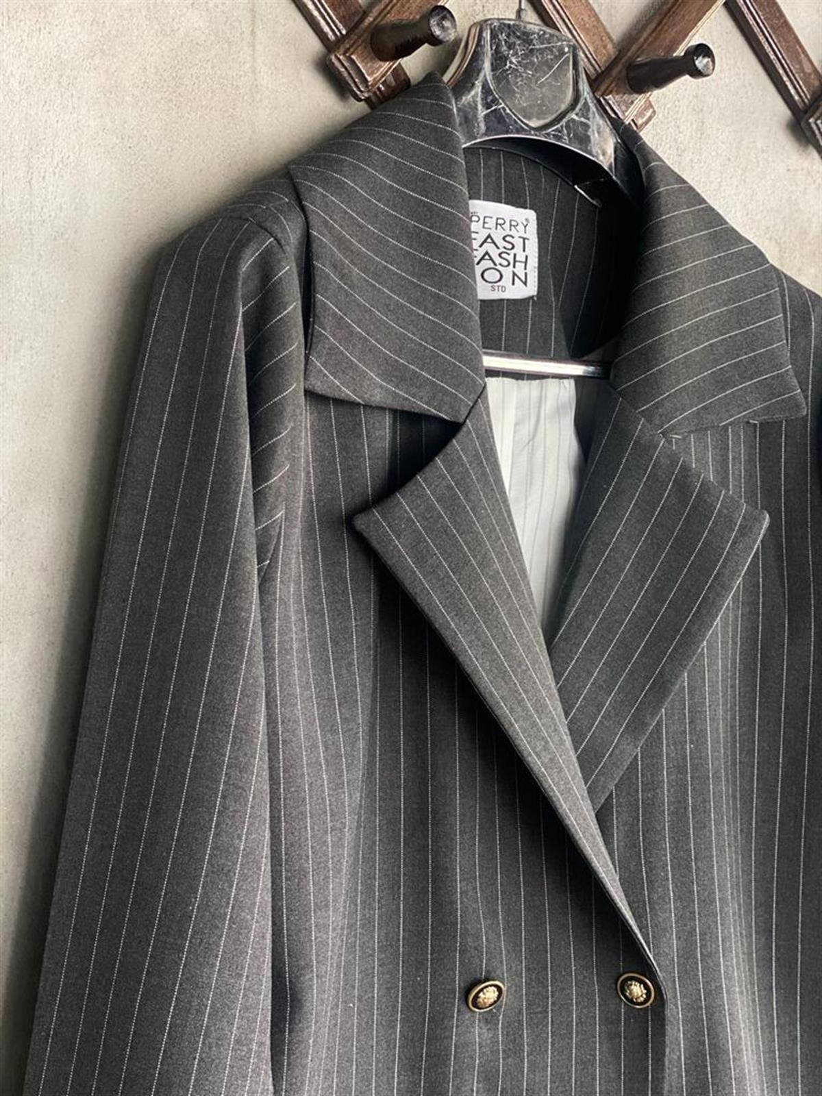 Çizgili Oversize Gold Düğmeli Ceket (Antrasit)