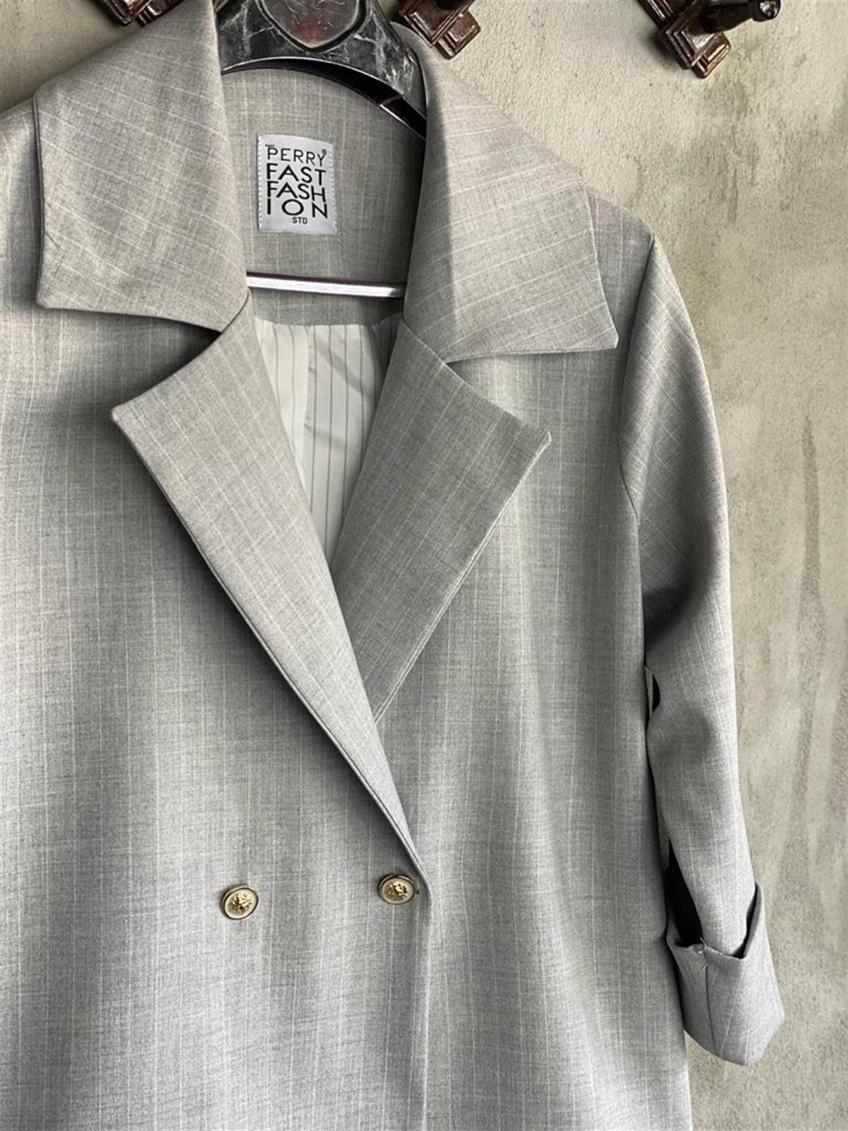 Çizgili Oversize Gold Düğmeli Ceket (Gri)