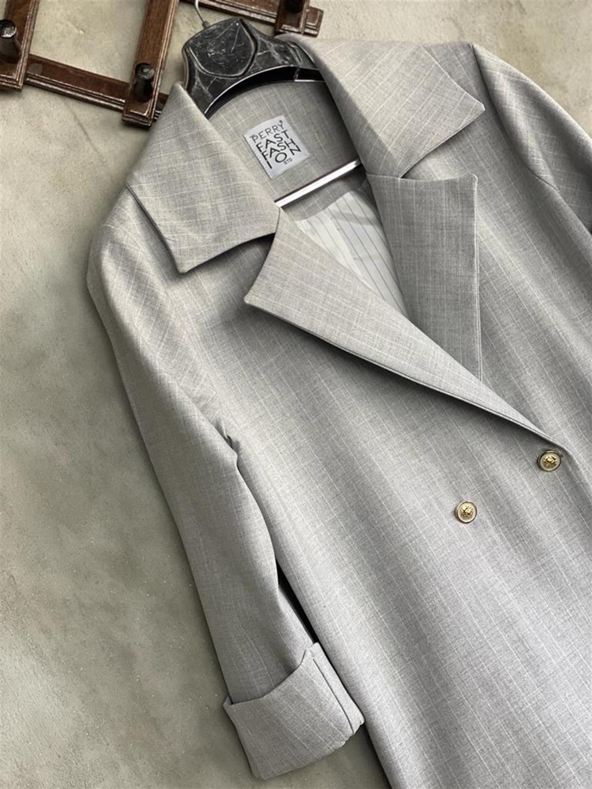 Çizgili Oversize Gold Düğmeli Ceket (Gri)