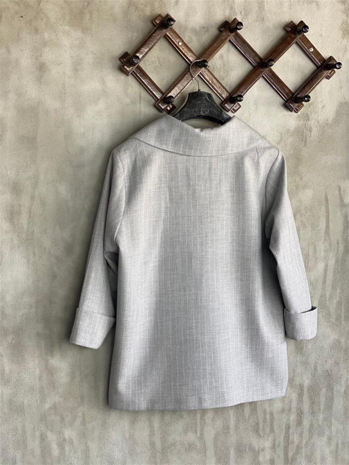 Çizgili Oversize Gold Düğmeli Ceket (Gri)