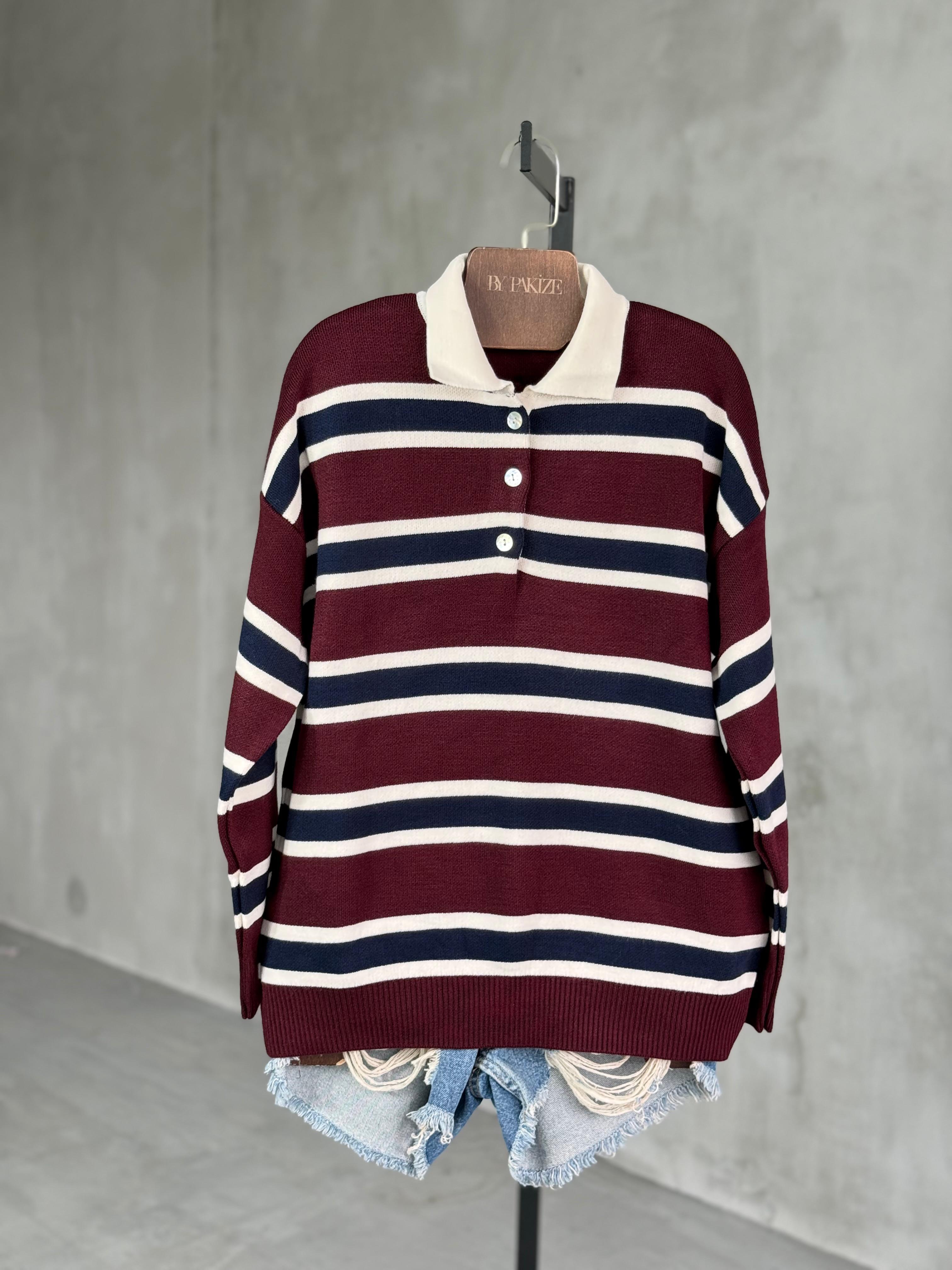 Çizgili Polo Yaka Çelik Örgü Kazak (Bordo)