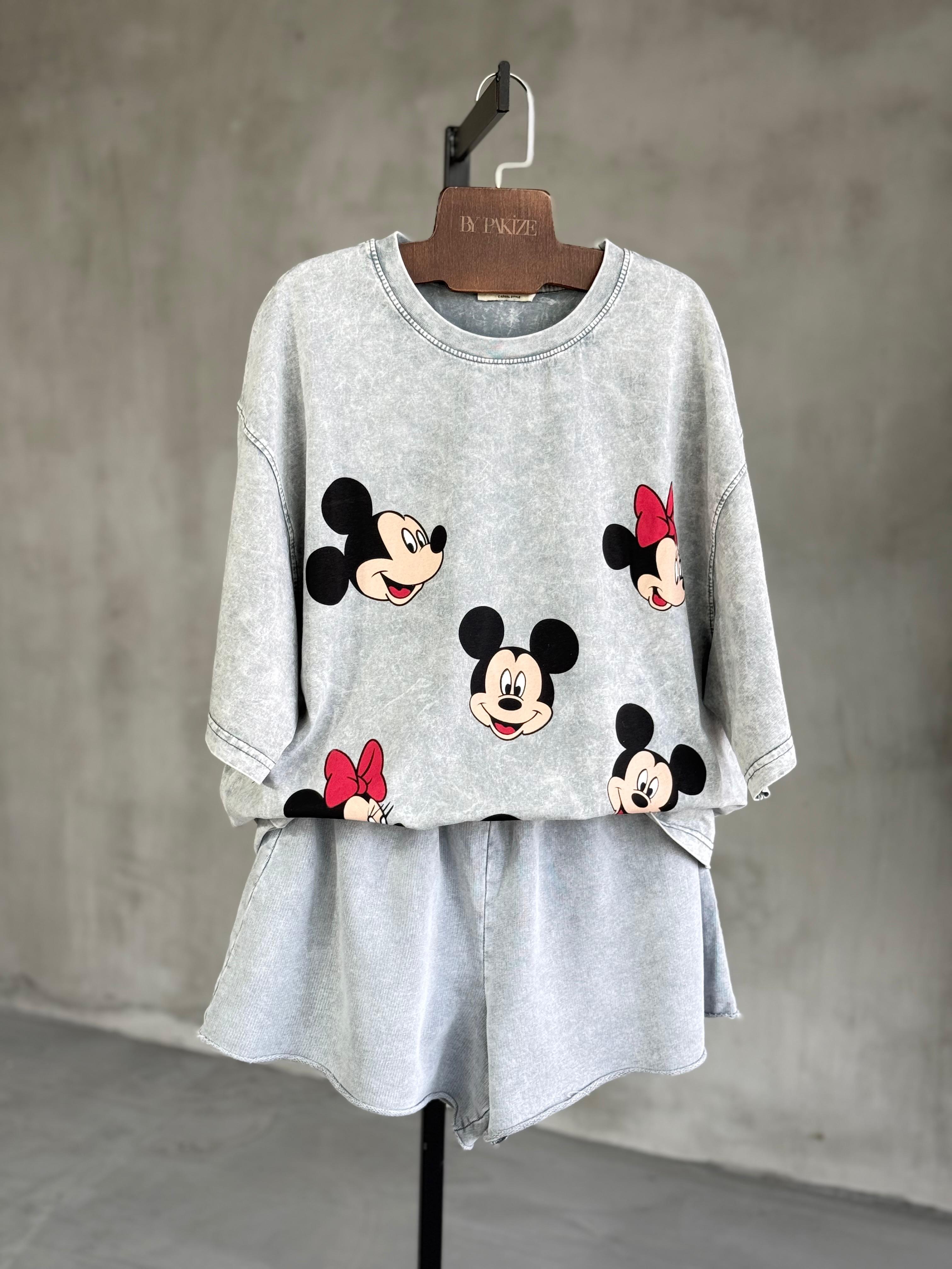 Çoklu Mickey Baskılı Taş Yıkama Oversize Dokuma Tişört (Gri)