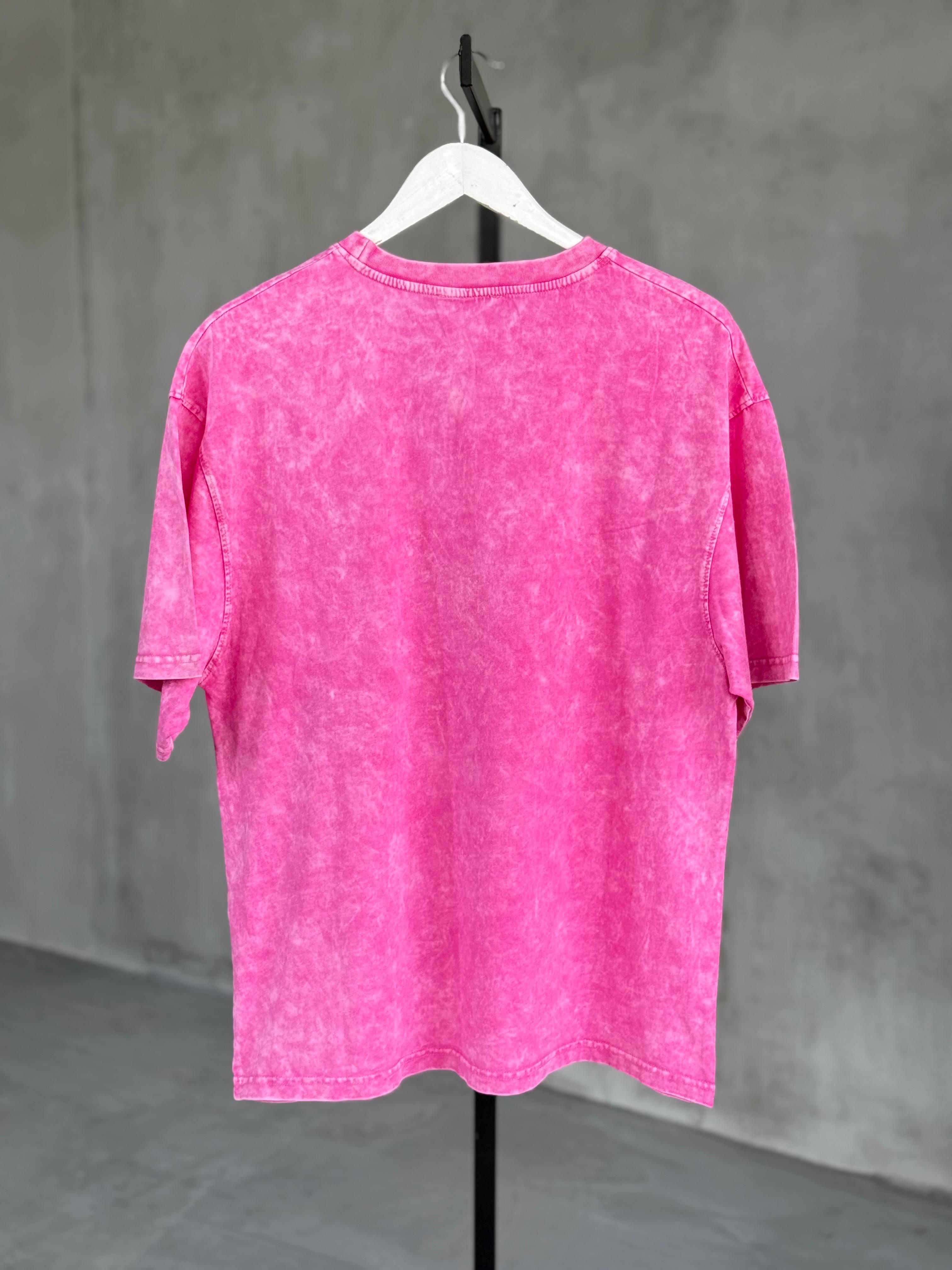 Çoklu Mickey Baskılı Taş Yıkama Oversize Dokuma Tişört (Pembe)