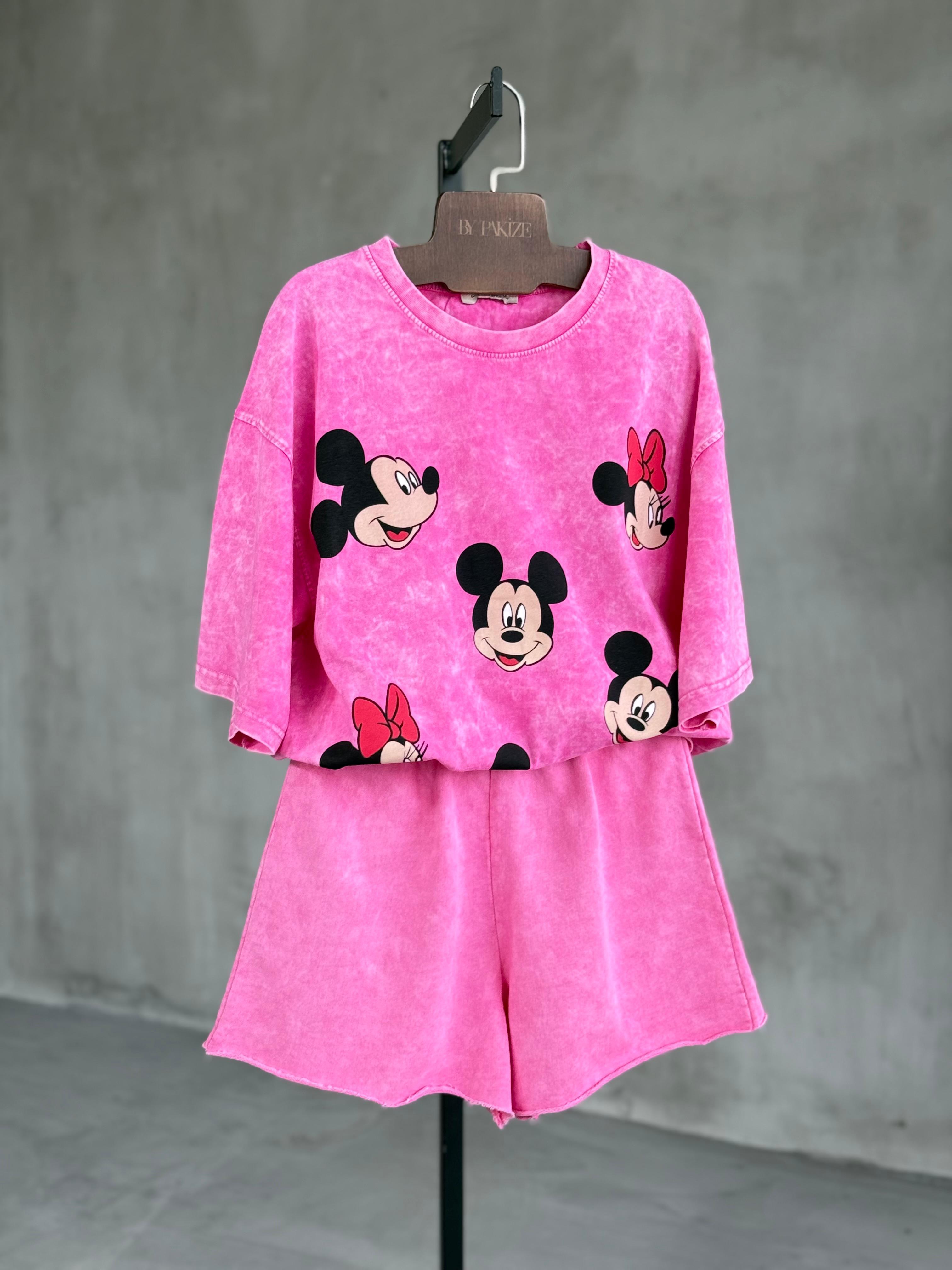 Çoklu Mickey Baskılı Taş Yıkama Oversize Dokuma TAKIM (Pembe)