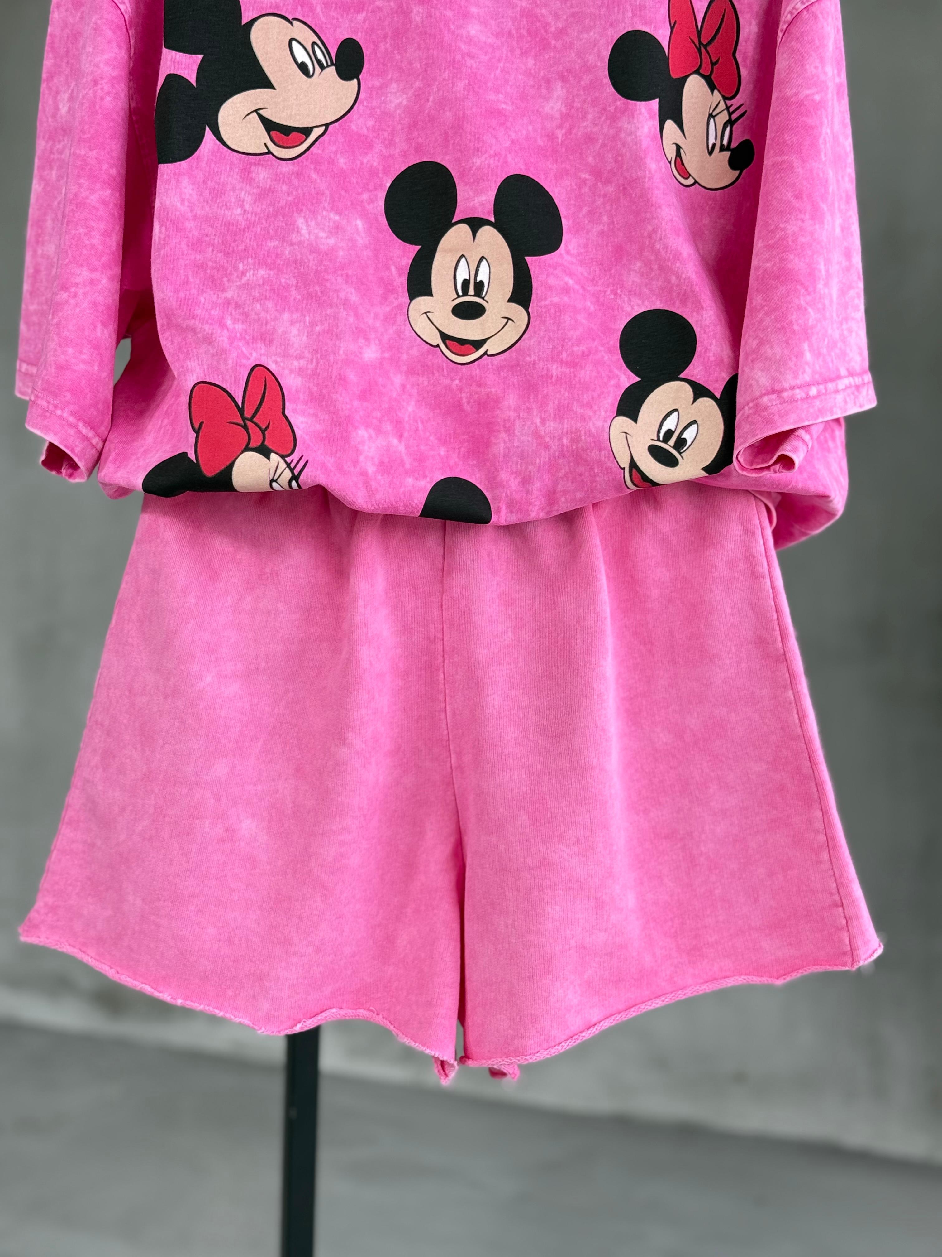 Çoklu Mickey Baskılı Taş Yıkama Oversize Dokuma TAKIM (Pembe)
