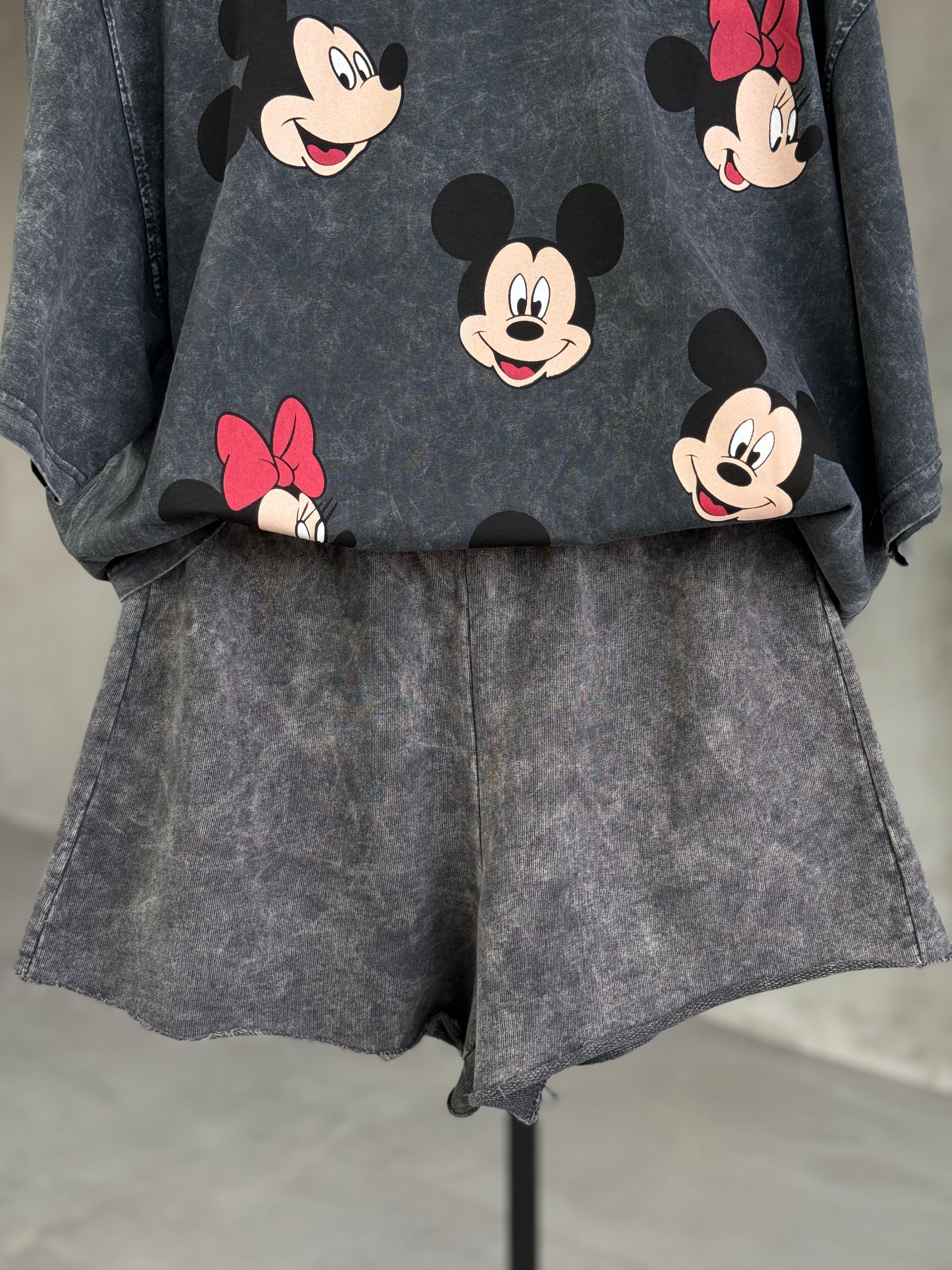 Çoklu Mickey Baskılı Taş Yıkama Oversize Dokuma TAKIM (Antrasit)