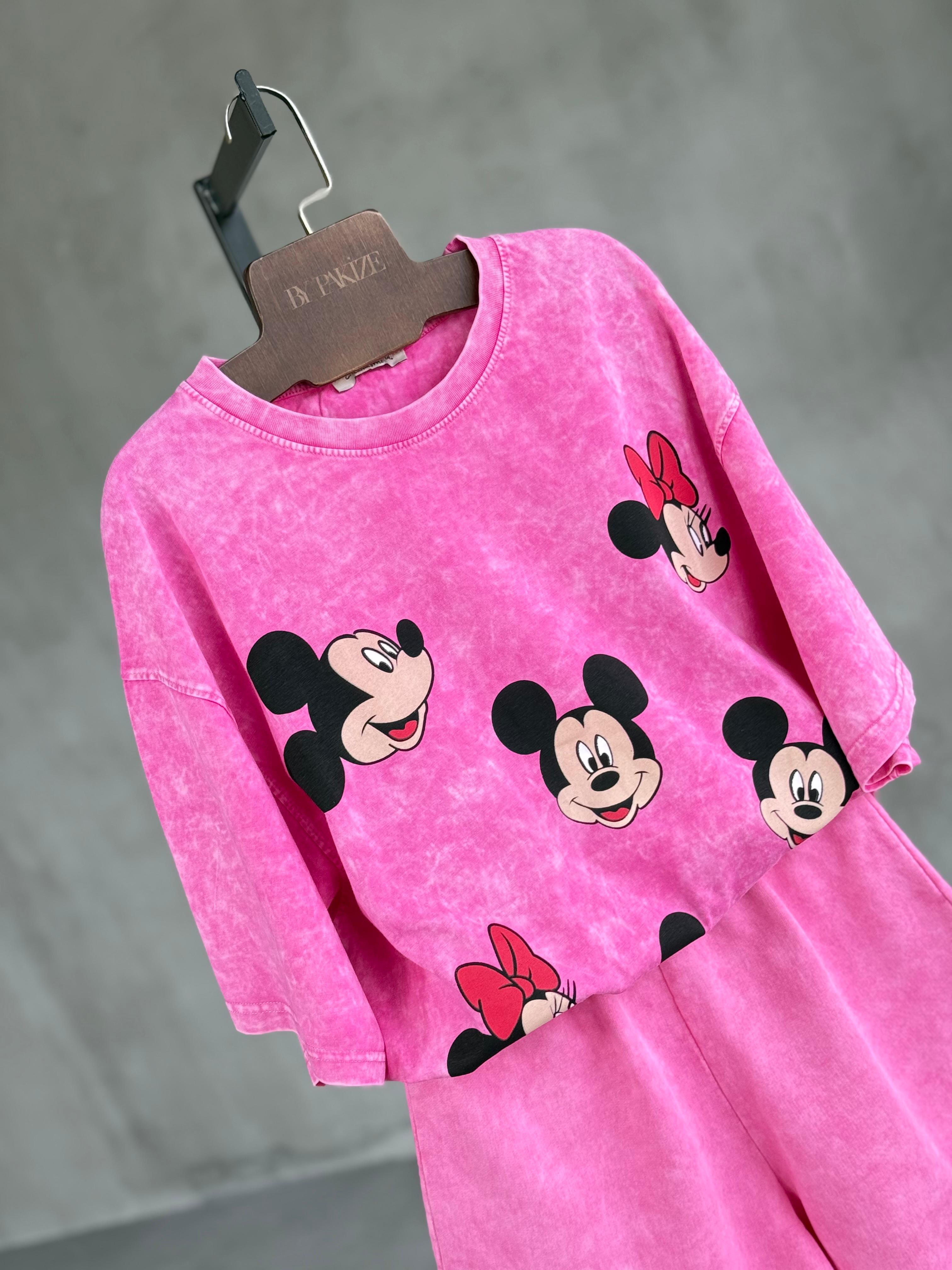 Çoklu Mickey Baskılı Taş Yıkama Oversize Dokuma Tişört (Pembe)