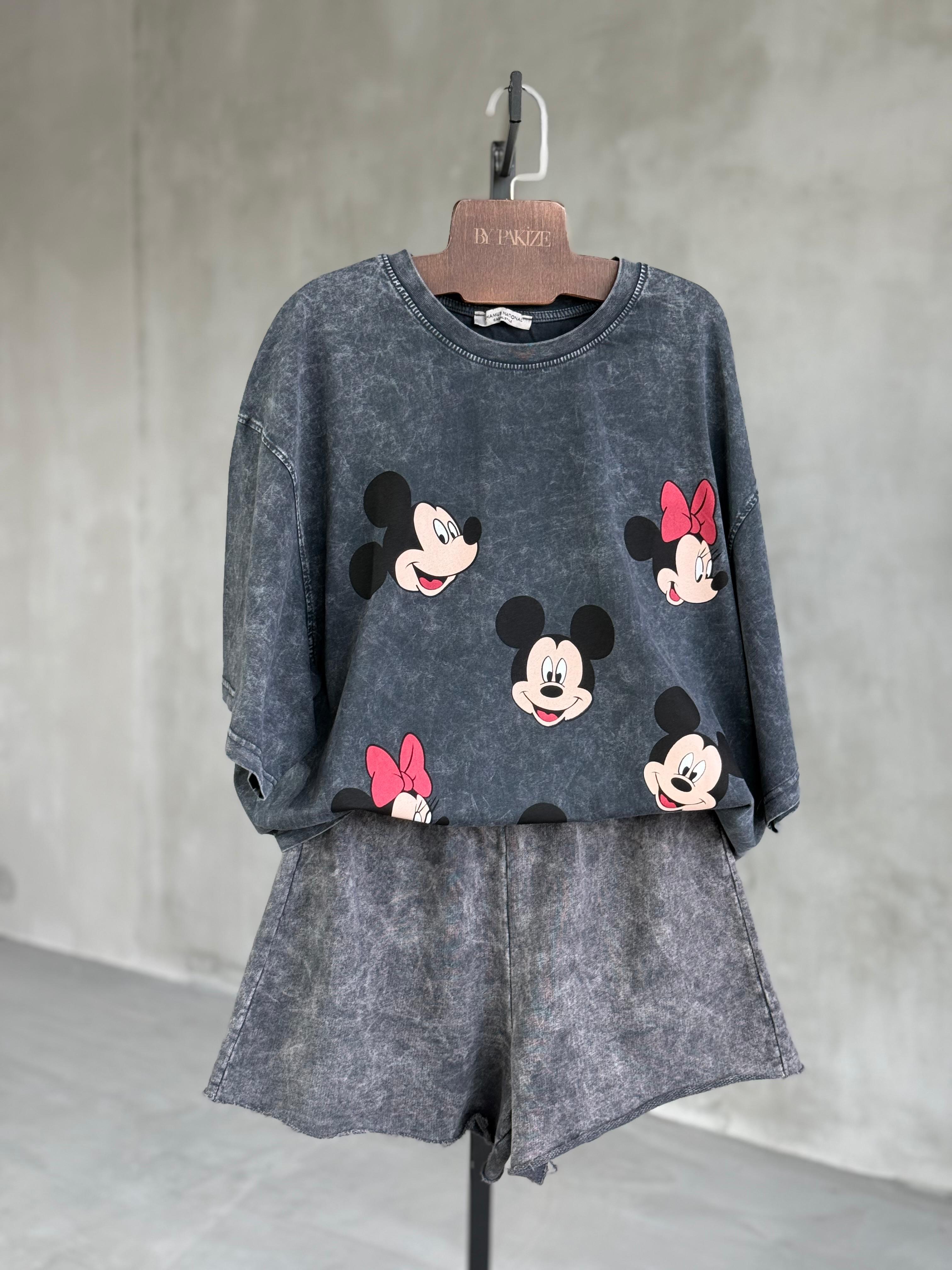 Çoklu Mickey Baskılı Taş Yıkama Oversize Dokuma Tişört (Antrasit)