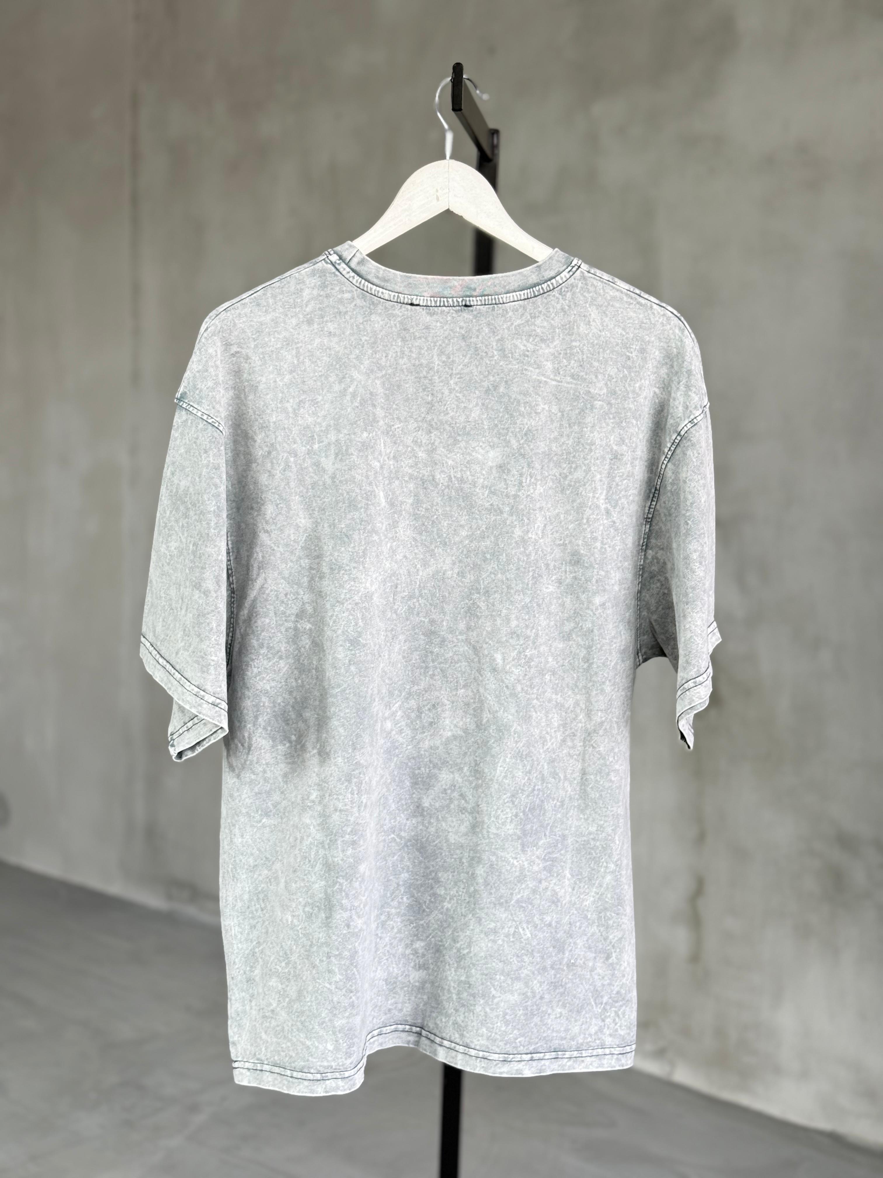 Çoklu Mickey Baskılı Taş Yıkama Oversize Dokuma Tişört (Gri)