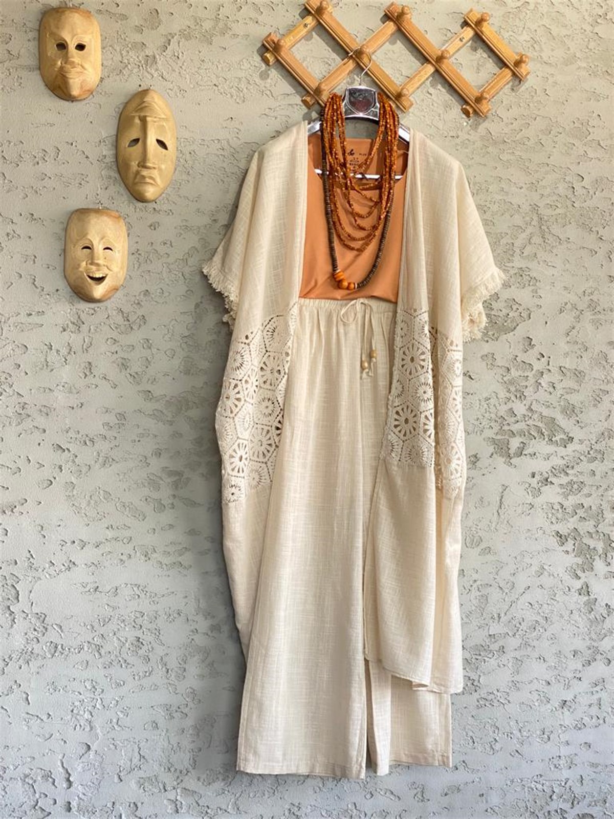 Dantel Güpürlü Keten Kaftan (Ekru)