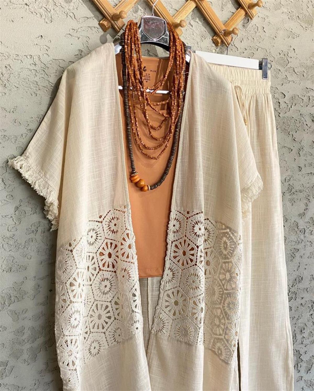 Dantel Güpürlü Keten Kaftan (Ekru)