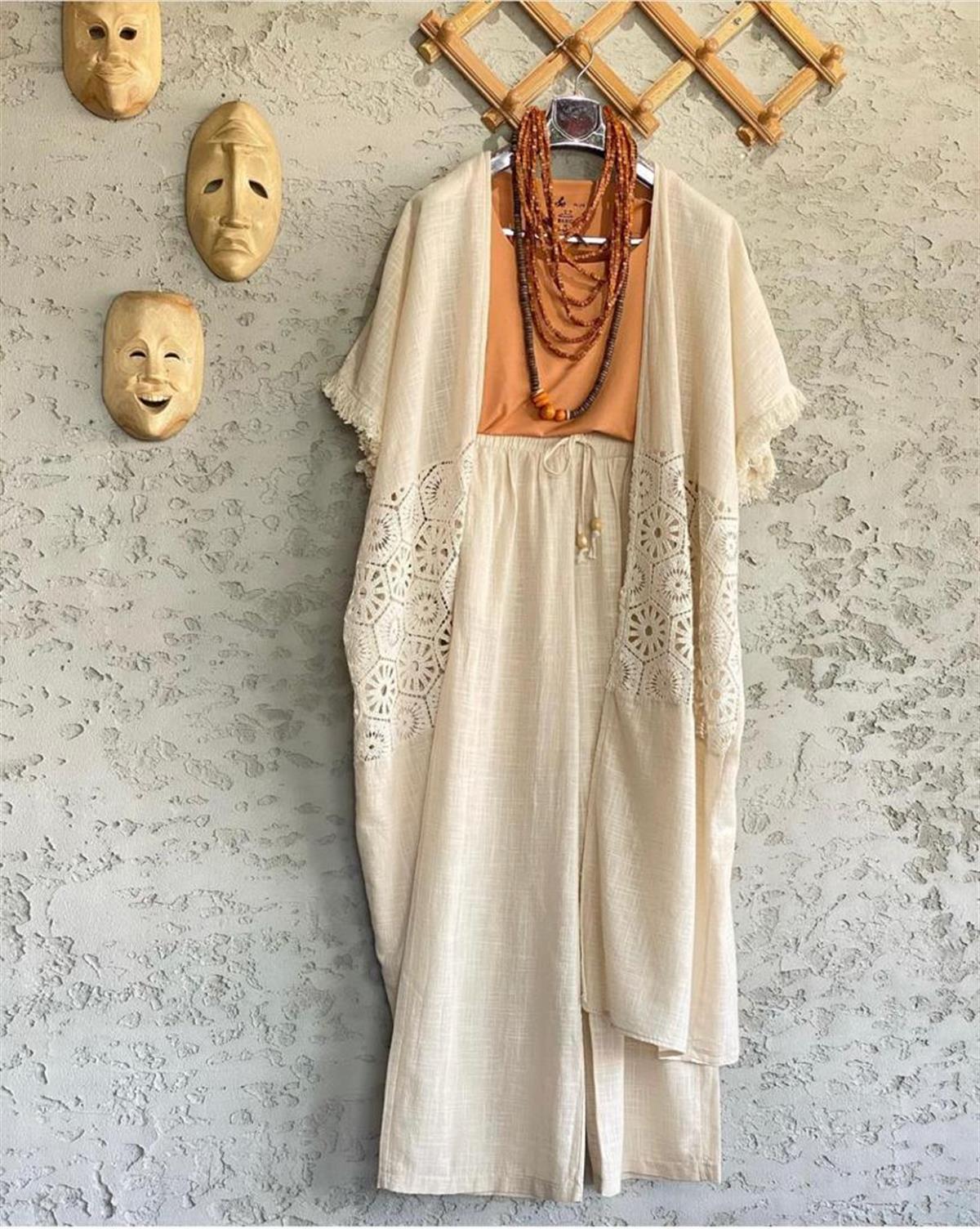 Dantel Güpürlü Keten Kaftan (Ekru)