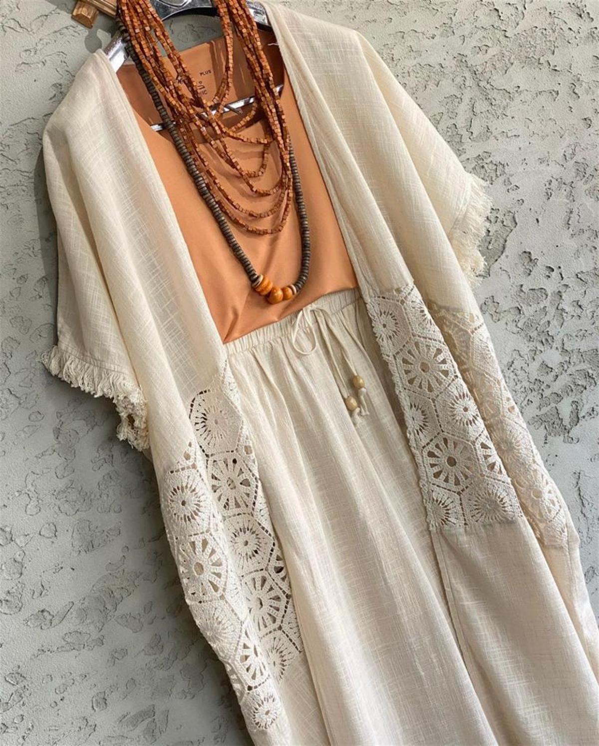 Dantel Güpürlü Keten Kaftan (Ekru)