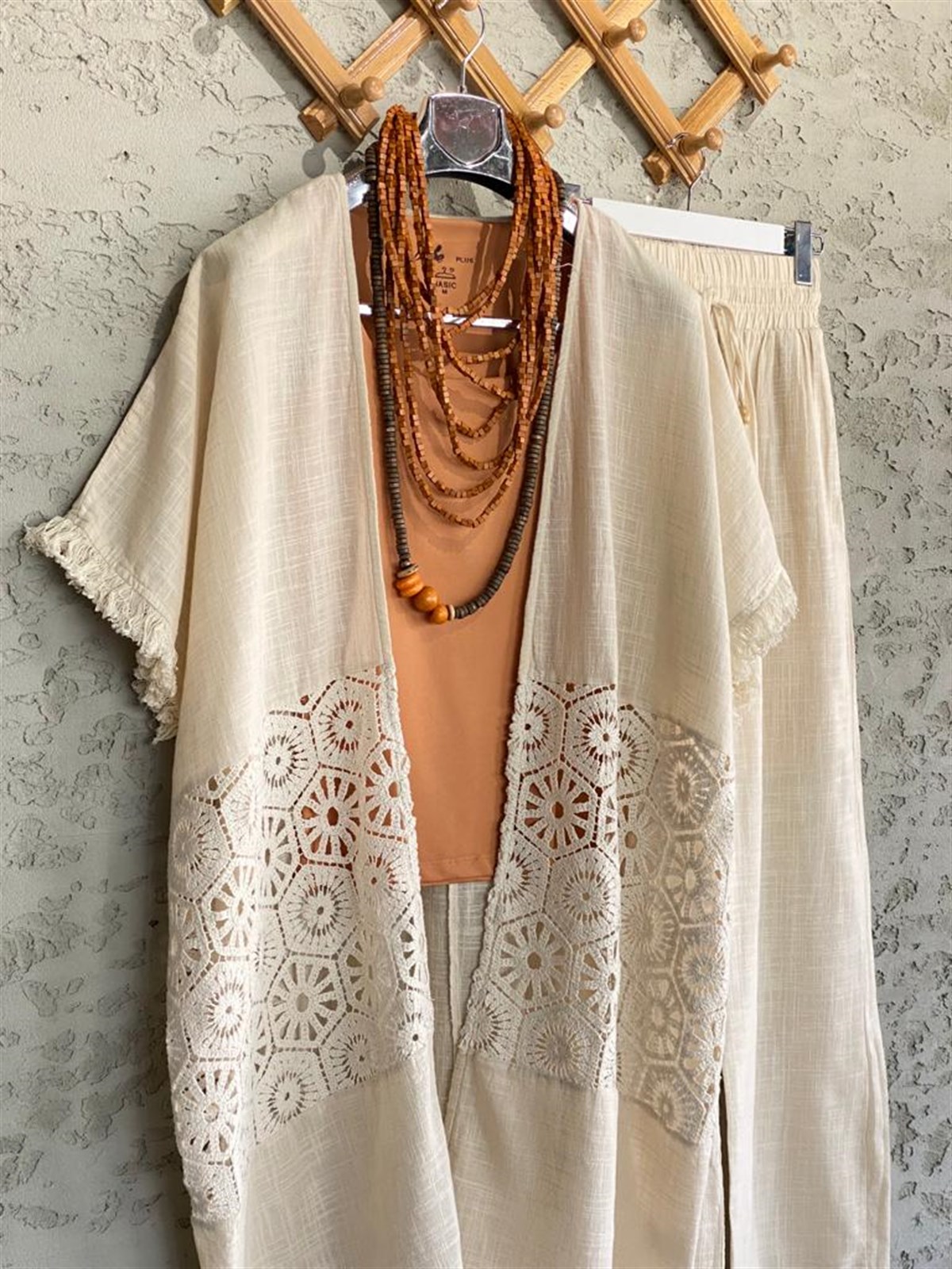 Dantel Güpürlü Keten Kaftan (Ekru)