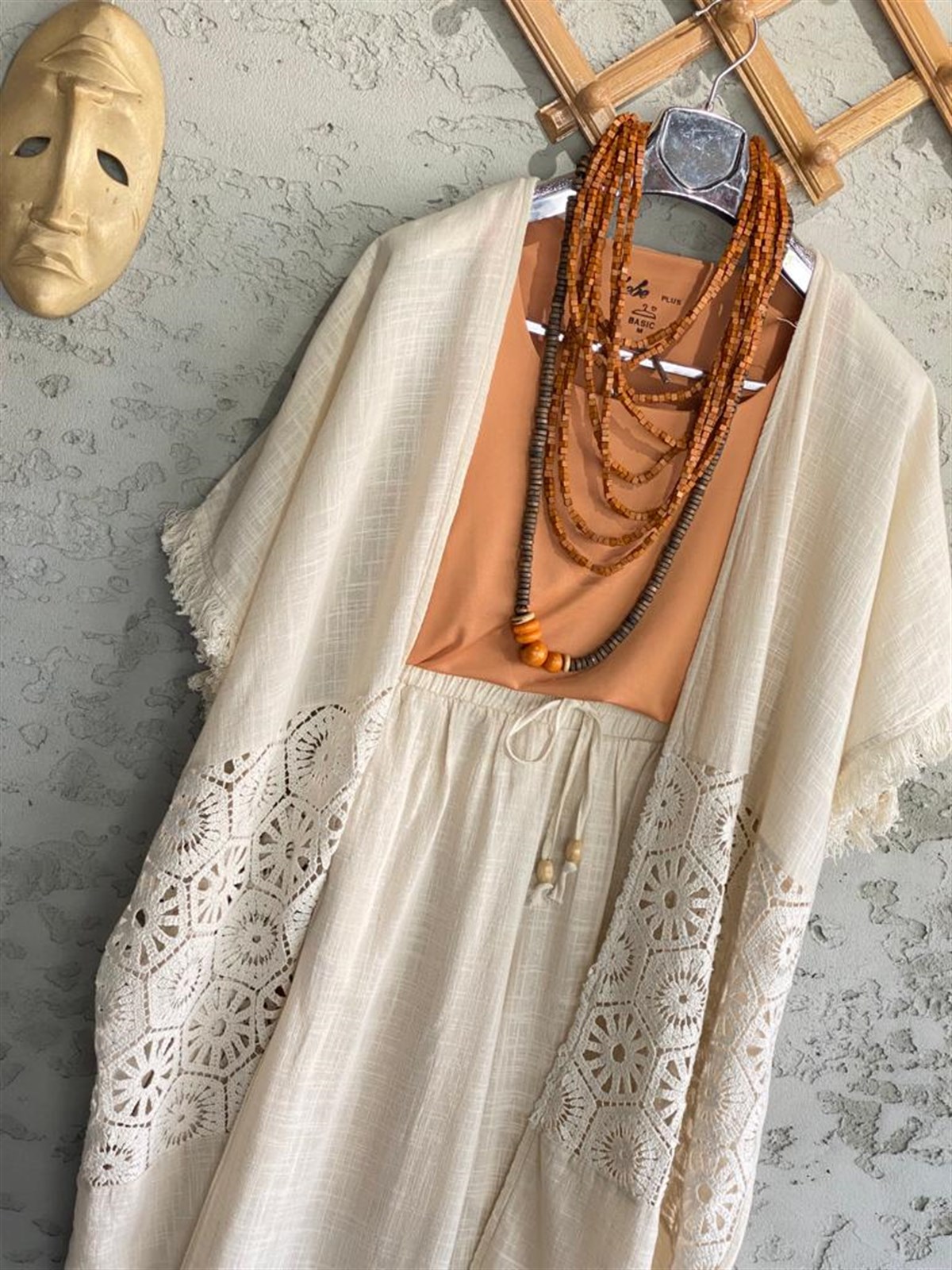 Dantel Güpürlü Keten Kaftan (Ekru)