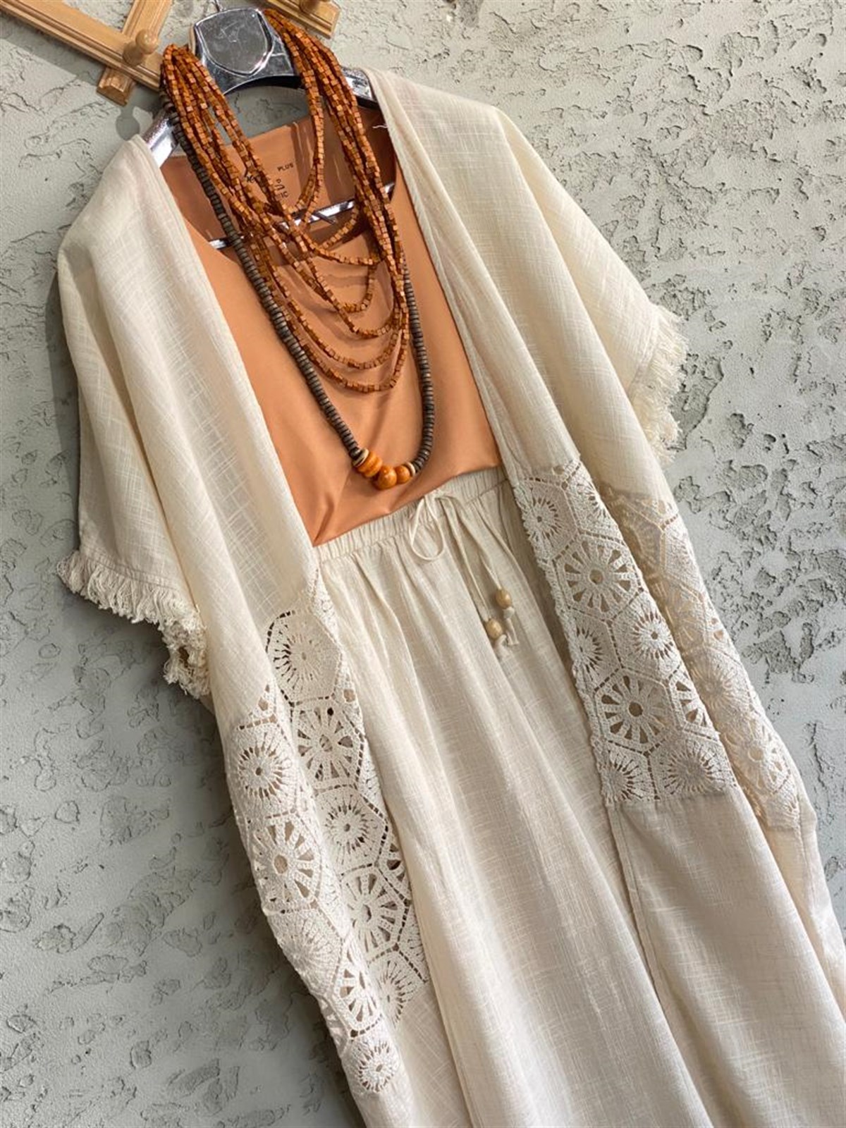 Dantel Güpürlü Keten Kaftan (Ekru)