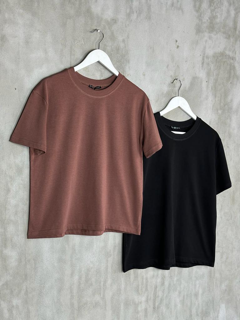 Dekoratif Dikişli Bisiklet Yaka Tshirt (Kahve)