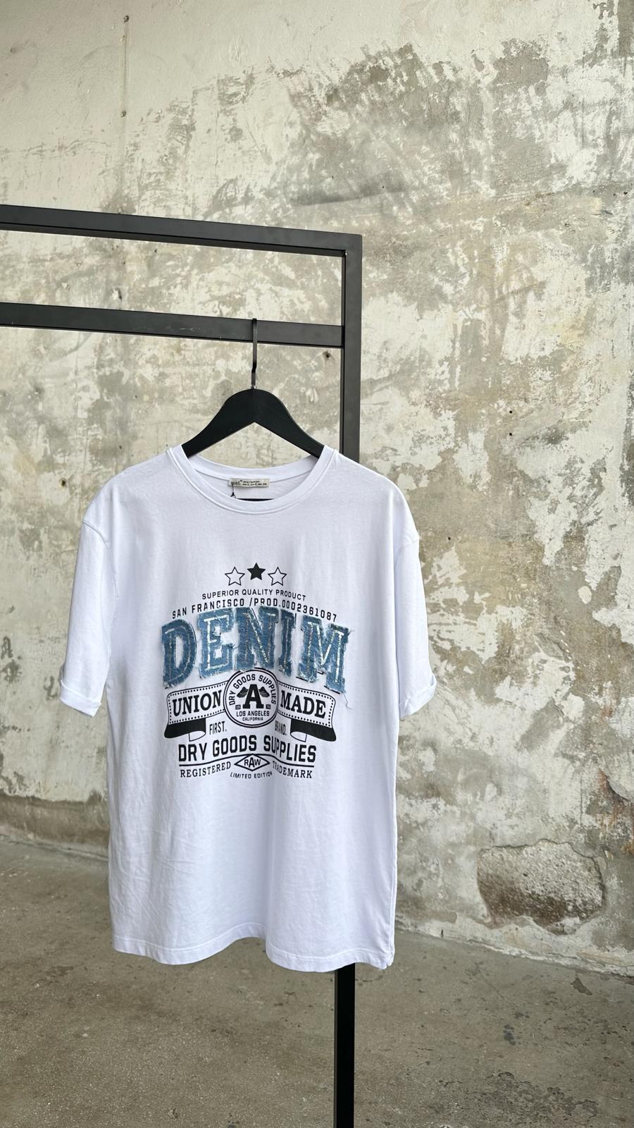 Denim Detaylı Pul Payet İşlemeli Tişört (Beyaz)