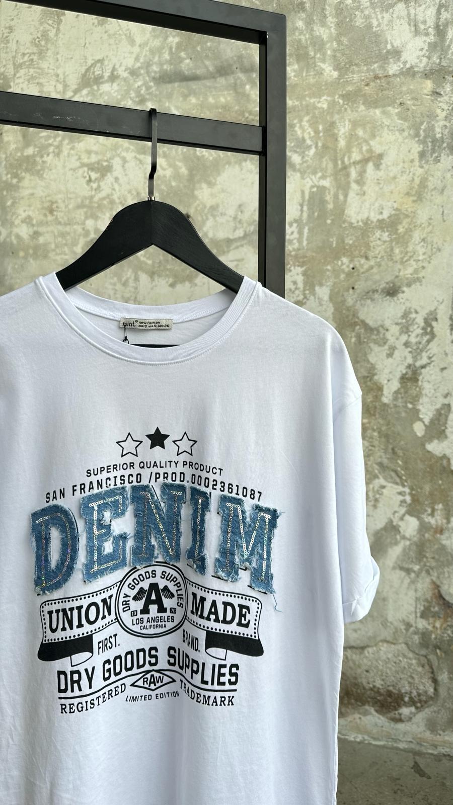 Denim Detaylı Pul Payet İşlemeli Tişört (Beyaz)
