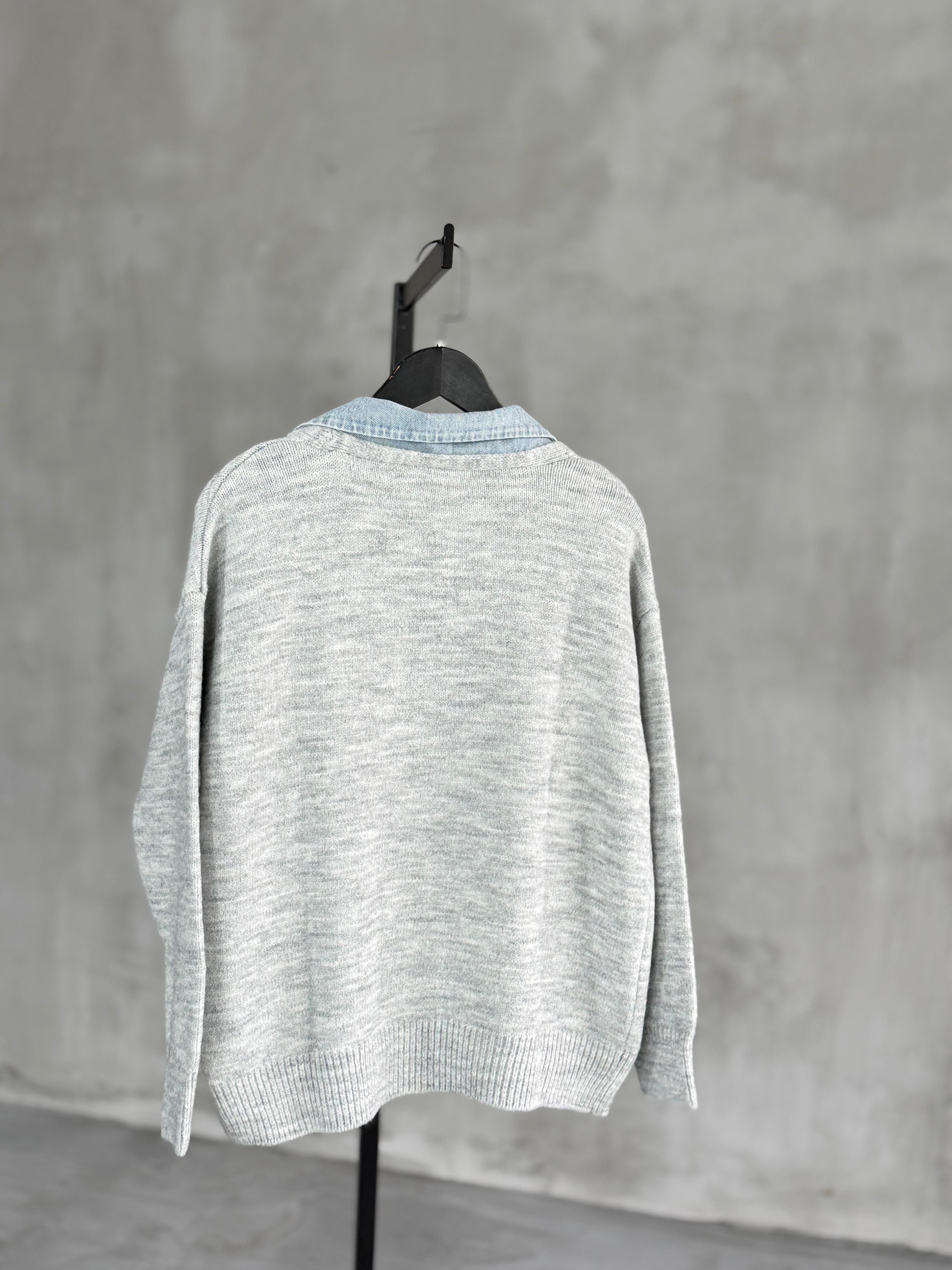 Denim Detaylı Yün Ceket (Gri)