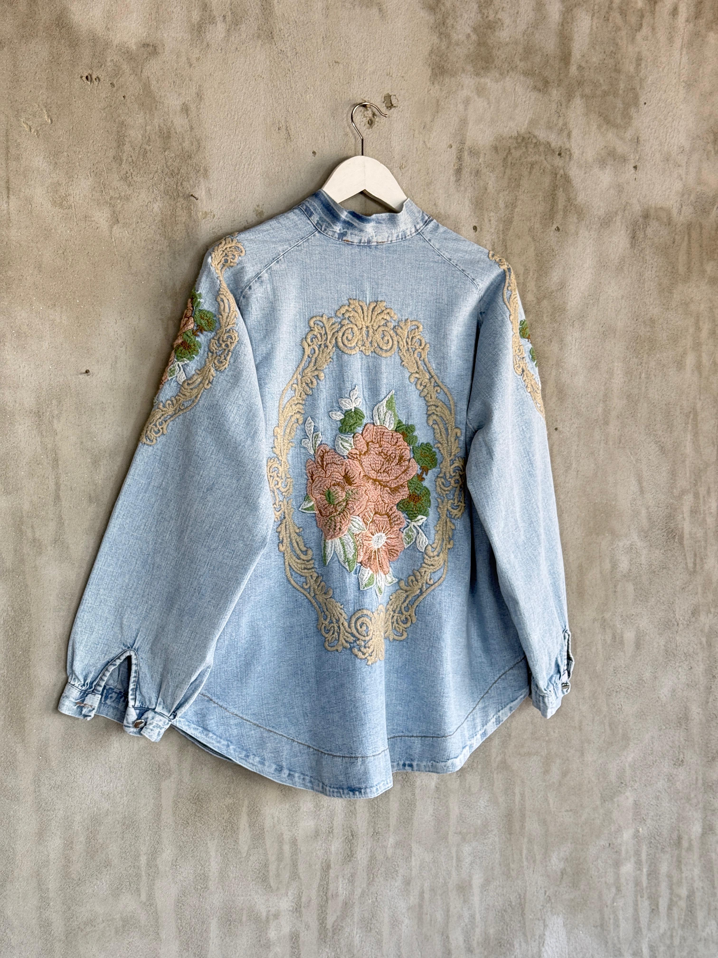 Denim Full Nakışlı Oversize Kimono (Buz Mavisi)